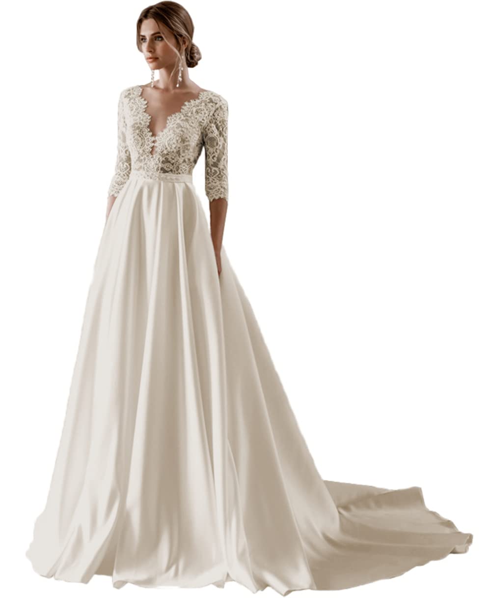 Elegant V-Neck Floral Lace Wedding Dress for Women - Long Sleeve Formal Evening Gown for Bridal, Prom & Special Occasions