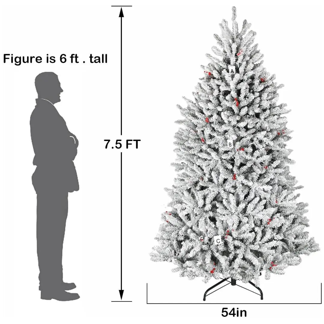 6.5'/7.5' Pre-Lit Snow Flocked Artificial Fir Christmas Tree with Pine Cones & Berries - PVC Branch Tips, Warm White LED Lights, Metal Stand & Hinged Branches for Holiday Home Decor, Office & Christmas Party Decoration