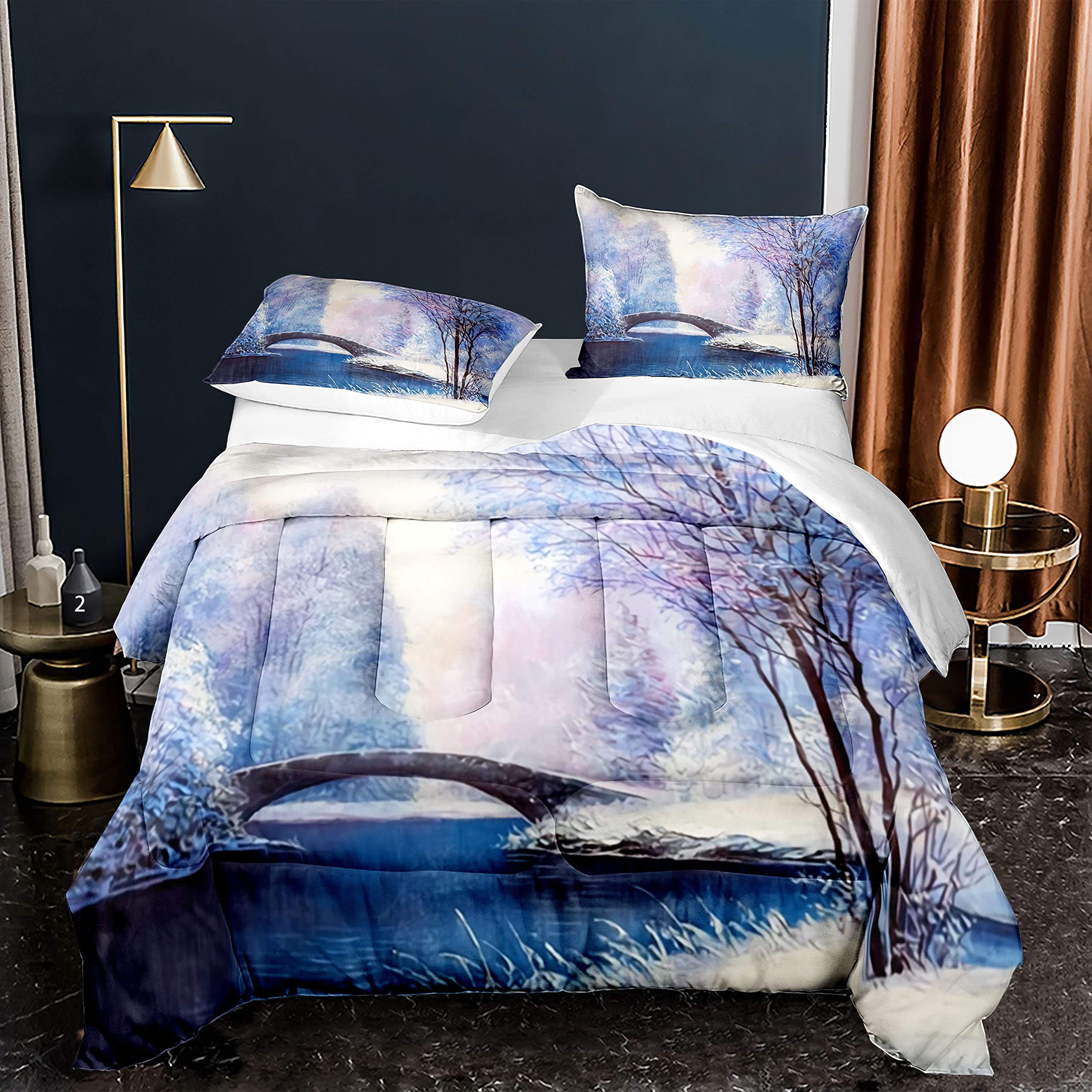 EDUMEYA Full Size Winter Landscape Comforter Set - Snowy Bridge Forest Printed Quilt with 1 Comforter & 2 Pillowcases | Cozy Bedding for Cold Weather, Perfect for Winter Bedrooms & Cabin Retreats