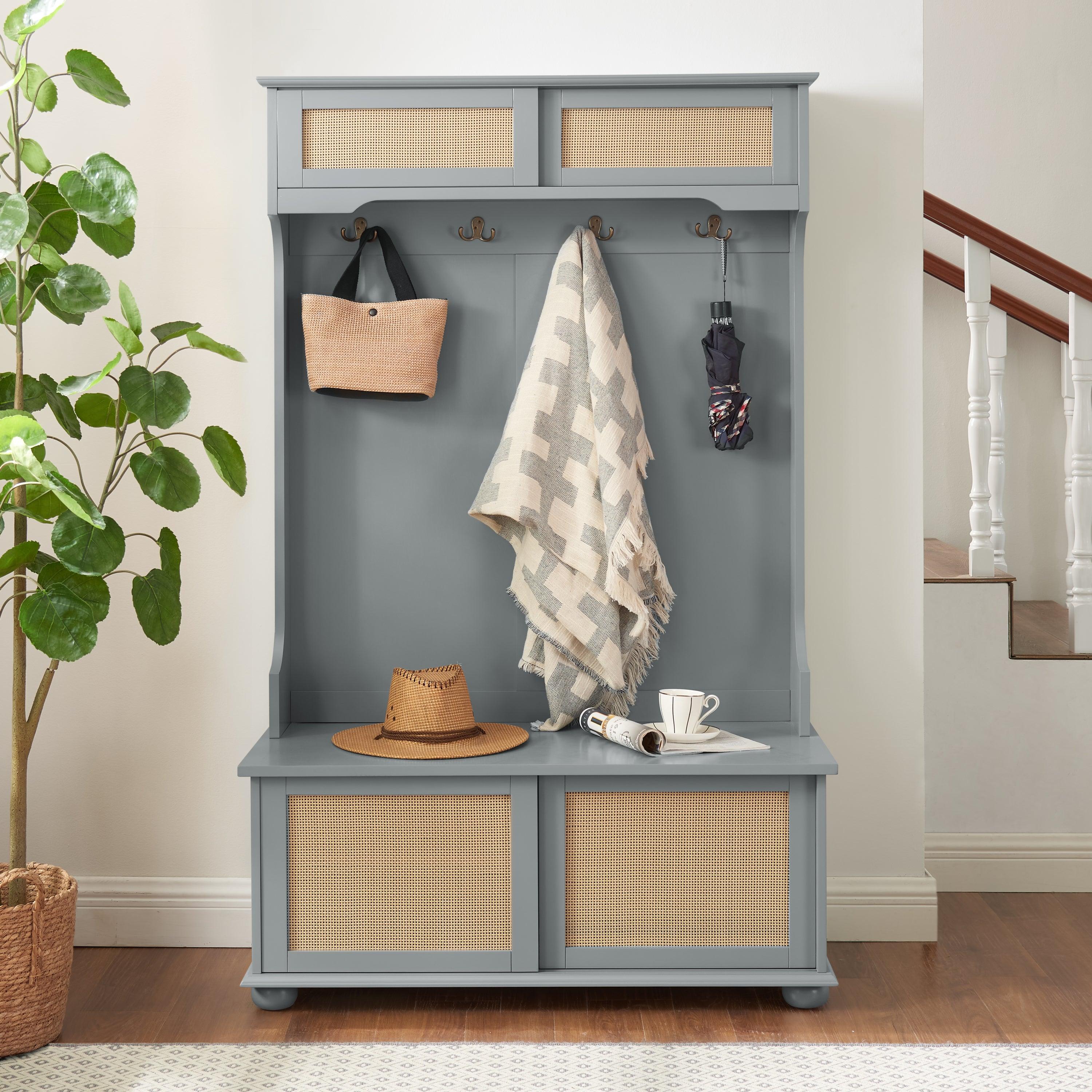 Stylish Gray Entryway Bench with Rattan Shelves & Shoe Storage - Solid Wood Hall Tree (40.16
