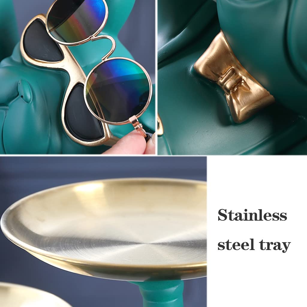 Resin Bulldog Sculpture Decorative Figurine with Storage Tray - Candy Dish, Jewelry Holder & Earrings Organizer - Green Desktop Decor for Home, Office, or Gift - Perfect for Organizing Small Items & Adding Playful Style