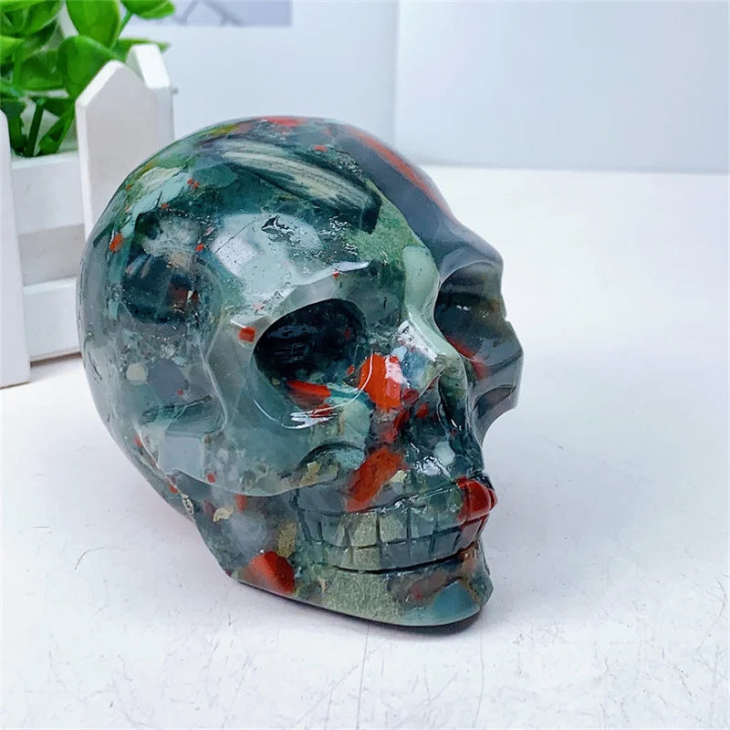 Natural Bloodstone Agate Skull Carving Sculpture - Healing Gemstone Crystal Crafts for Home Decor, Meditation & Spiritual Healing - 1 Piece (0.755kg)