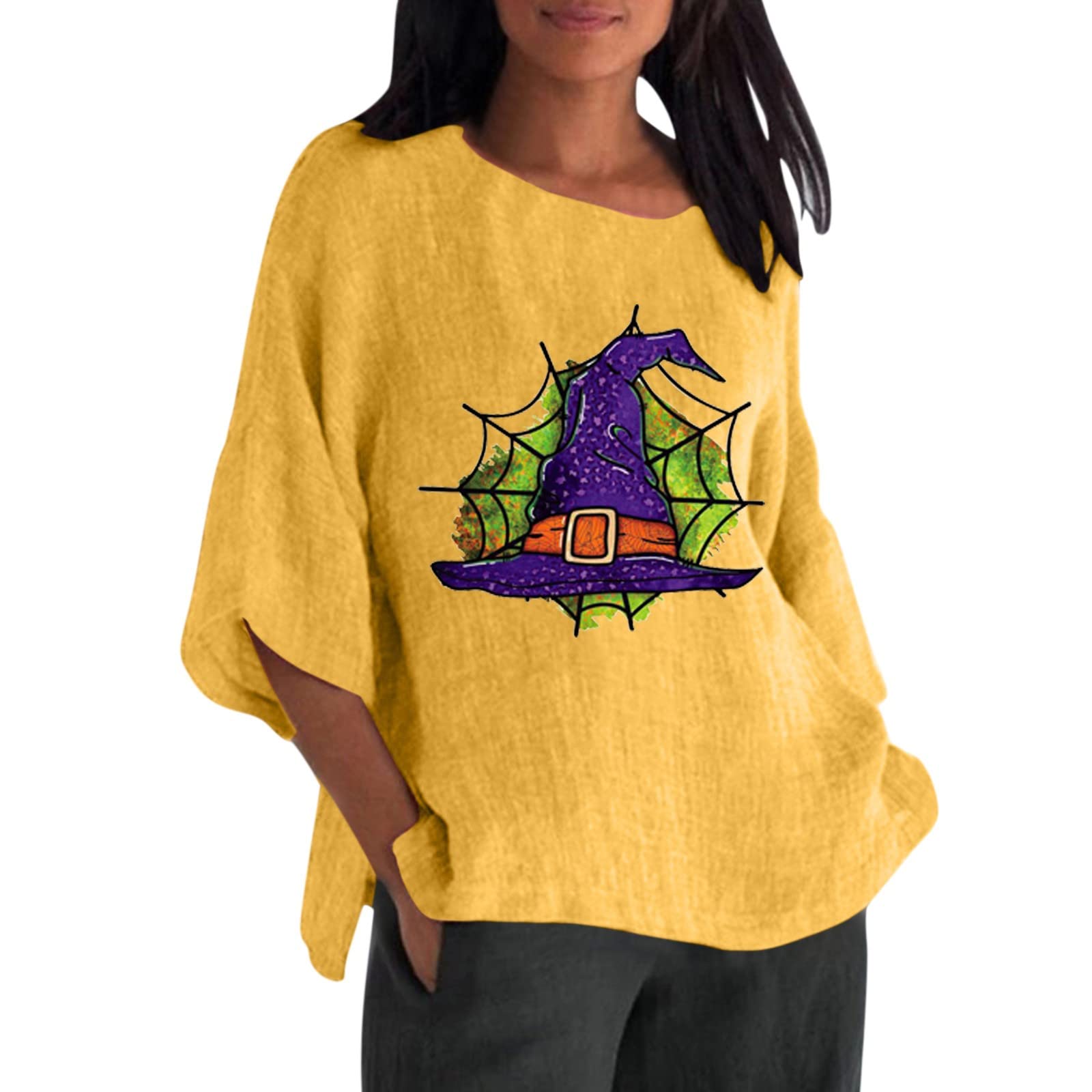 Women's Halloween Blouses - 3/4 Sleeve Crew Neck Pumpkin Printed Loose Tops - Casual Linen Blend Shirts for Fall Parties & Seasonal Outfits