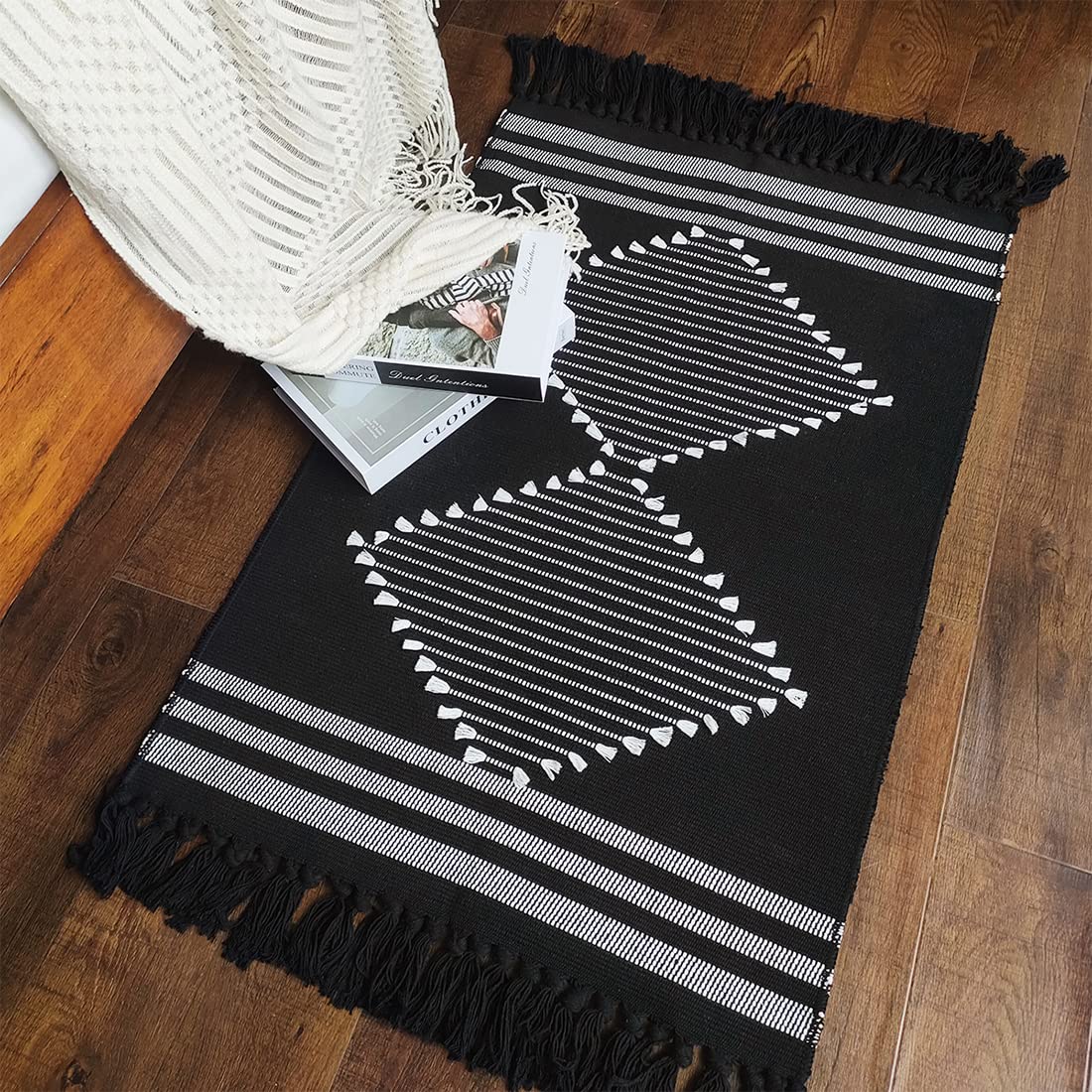 Boho Kitchen Rug 2x3 - Black Cotton Moroccan Farmhouse Bath Mat with Tassels, Washable Woven Throw Rug for Entryway, Hallway, Sink, Bedroom, Living Room | Indoor & Outdoor Decor - Perfect for Boho, Farmhouse, and Modern Home Styles
