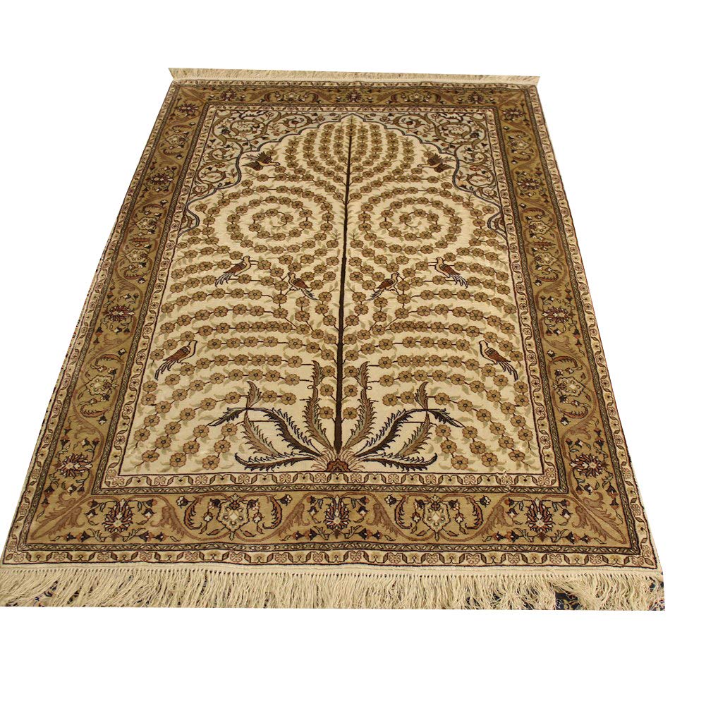 Handmade Persian Silk Oriental Carpet 4'x6' - Traditional Beige Tree of Life Design - Non-Slip Kitchen Mat, Living Room Rug, Front Door Welcome Mat - Perfect for Home Decor, Dining Area & Entryway