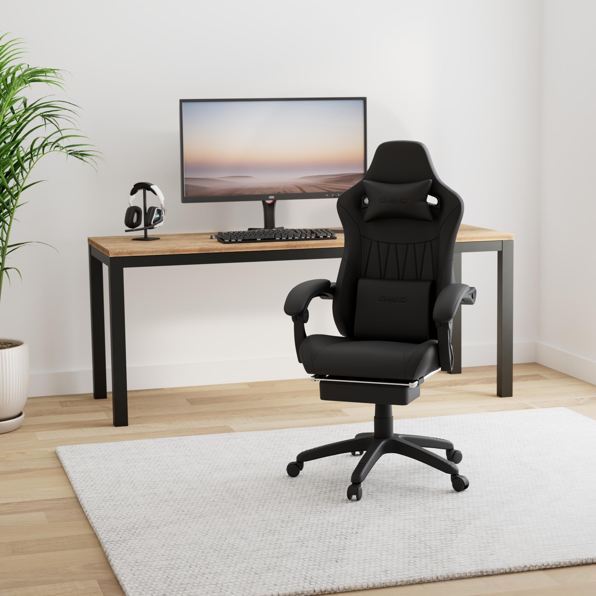 OHAHO Ergonomic Gaming Chair - High Back Office Chair with Adjustable Headrest & Lumbar Support, Leather Computer Desk Chair for Racing Game & Work (Black) - Perfect for Gamers, Home Office & Streaming Setup