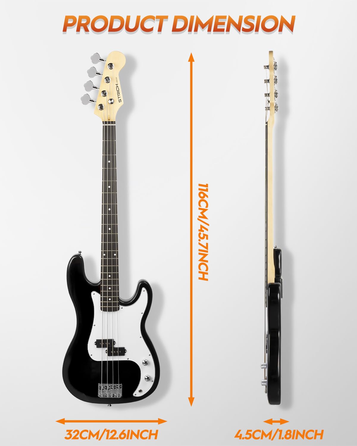 STRICH 4-String Electric Bass Guitar Full Size Beginner Kit - PB-Style Standard Bass with 20W Amp, Gig Bag, Tuner, Strap & Cable (SPB-S10 Black) - Perfect for Beginners, Practice & Live Performances