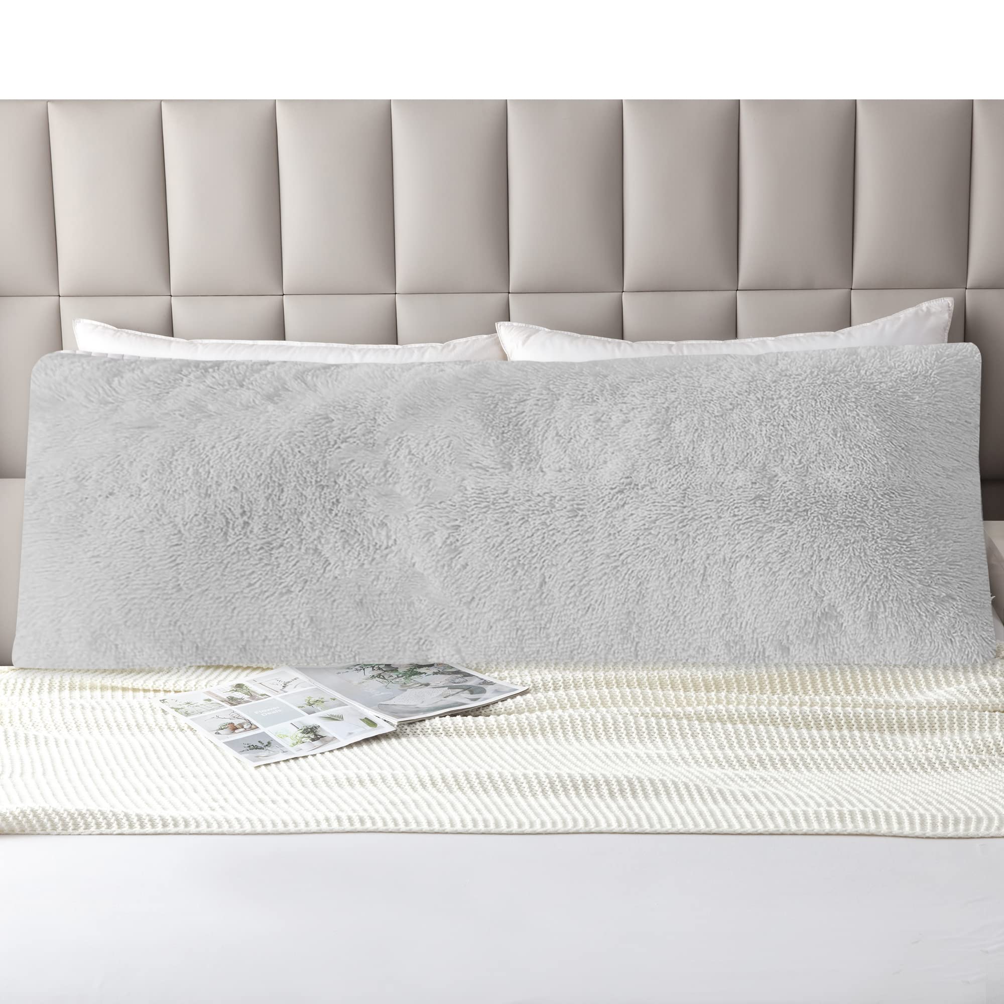 Soft Faux Fur Body Pillow Cover with Zipper - 21x54 Inch Sherpa Luxury Pillowcase for Adults & Kids - Light Grey - Perfect for Side Sleepers, Bedroom Decor & Cozy Nights