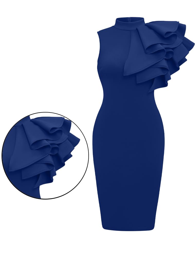 XXTAXN Women's Cocktail Bodycon Dress - Ruffle Sleeveless Formal Midi Pencil Dress in Royal Blue | Perfect for Evening Parties, Weddings & Office Events