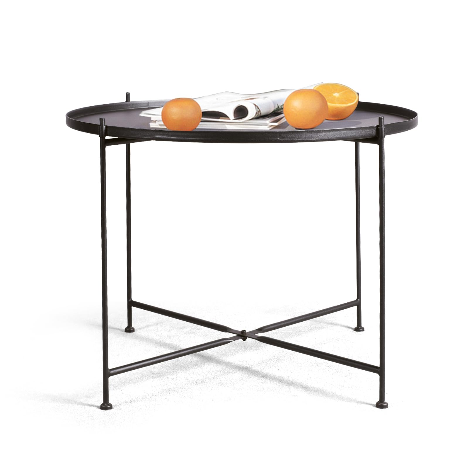 Round Side Table with Tray Top - Metal Folding Accent Coffee Table - Waterproof & Rustproof for Indoor & Outdoor Use - 21.65
