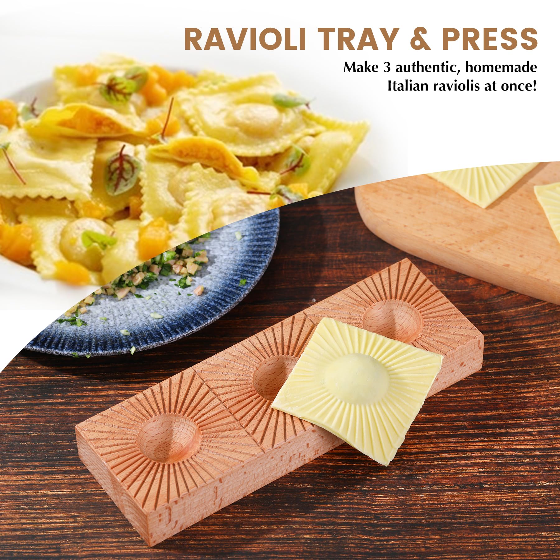 Handmade Wooden Pasta Ravioli Maker - Double Sided Sunburst & Wheat Pattern Ravioli Mold - 2-in-1 Kitchen Tool for Fresh Homemade Pasta - Perfect for Italian Cooking, Dinner Parties & Gift Giving