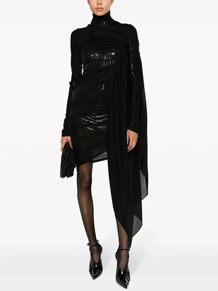 Sexy Black Mesh Pleated Long Sleeve Bodycon Mini Dress for Women - Elegant Party Outfit for Nightclub, Date Night & Celebrity Events
