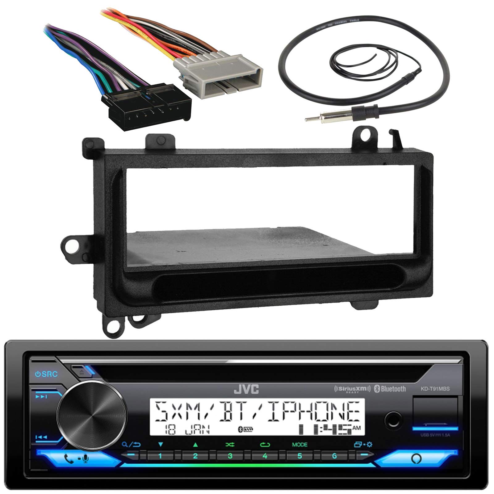 JVC KD-T91MBS Bluetooth Car Stereo Receiver with CD Player, MP3, iPod, USB & AUX Input - Compatible with 1974-2003 Chrysler/Dodge/Jeep Vehicles - Includes Metra Installation Kit, Wiring Harness & Enrock Antenna - Perfect for Upgrading Your Classic Car Audio System