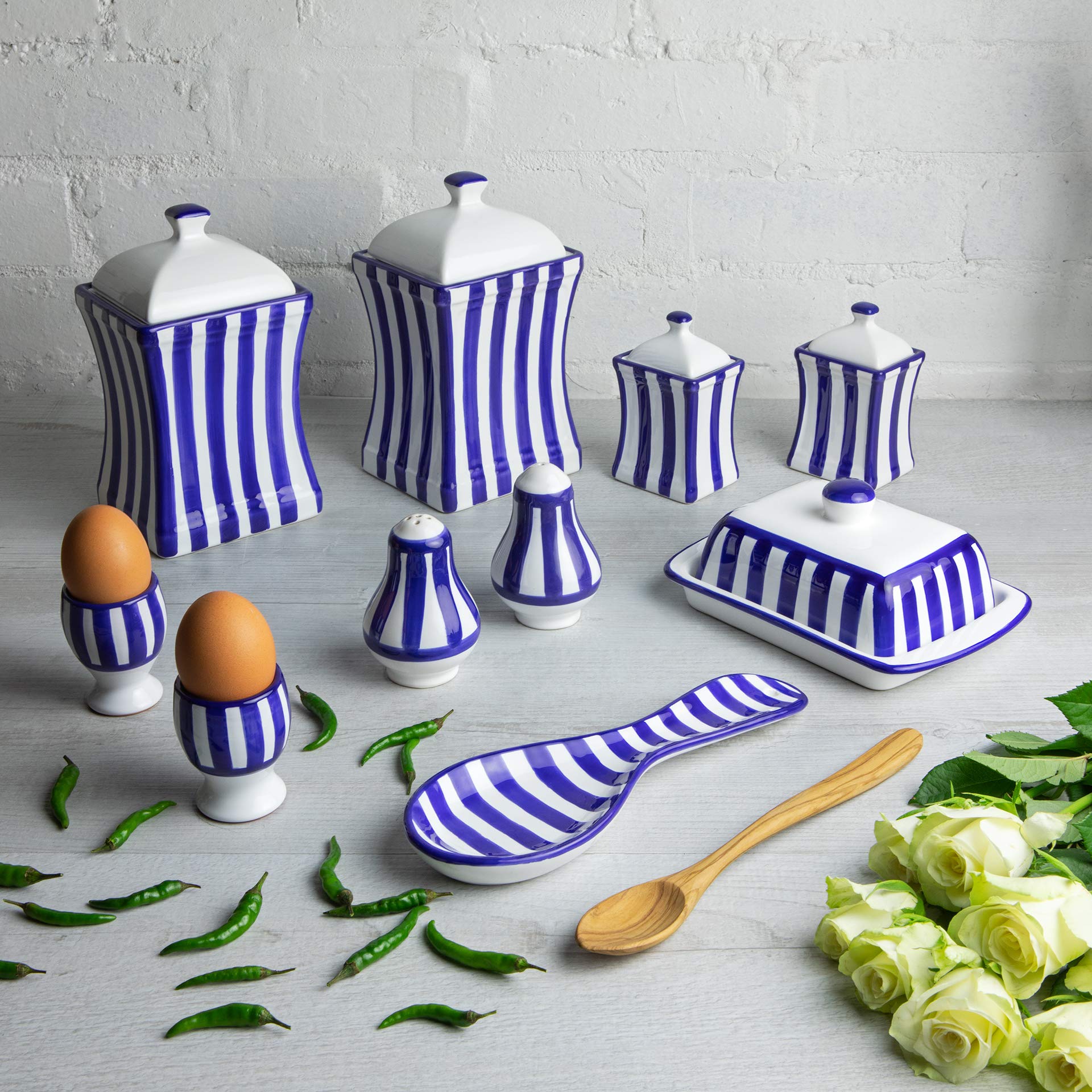 Handmade Dark Navy Blue Stripe Ceramic Kitchen Set of 10 - Canisters, Butter Dish, Egg Cups, Salt & Pepper Shakers, Spoon Rest | Perfect for Farmhouse Decor, Rustic Kitchen Storage & Housewarming Gifts
