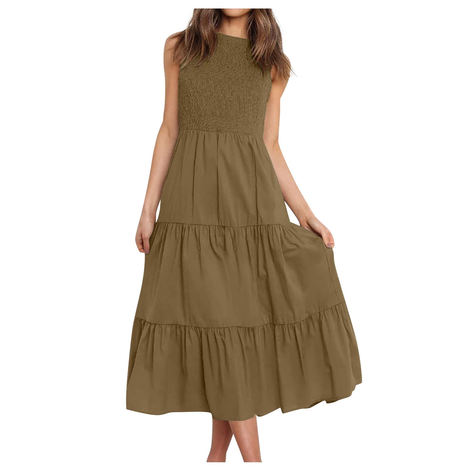Hamovessi Women's Summer Sundress 2022 - Crew Neck Sleeveless Smocked Ruffle Dress in Solid Colors, Tiered Beach Party Dress for Holiday, Vacation & Casual Outings
