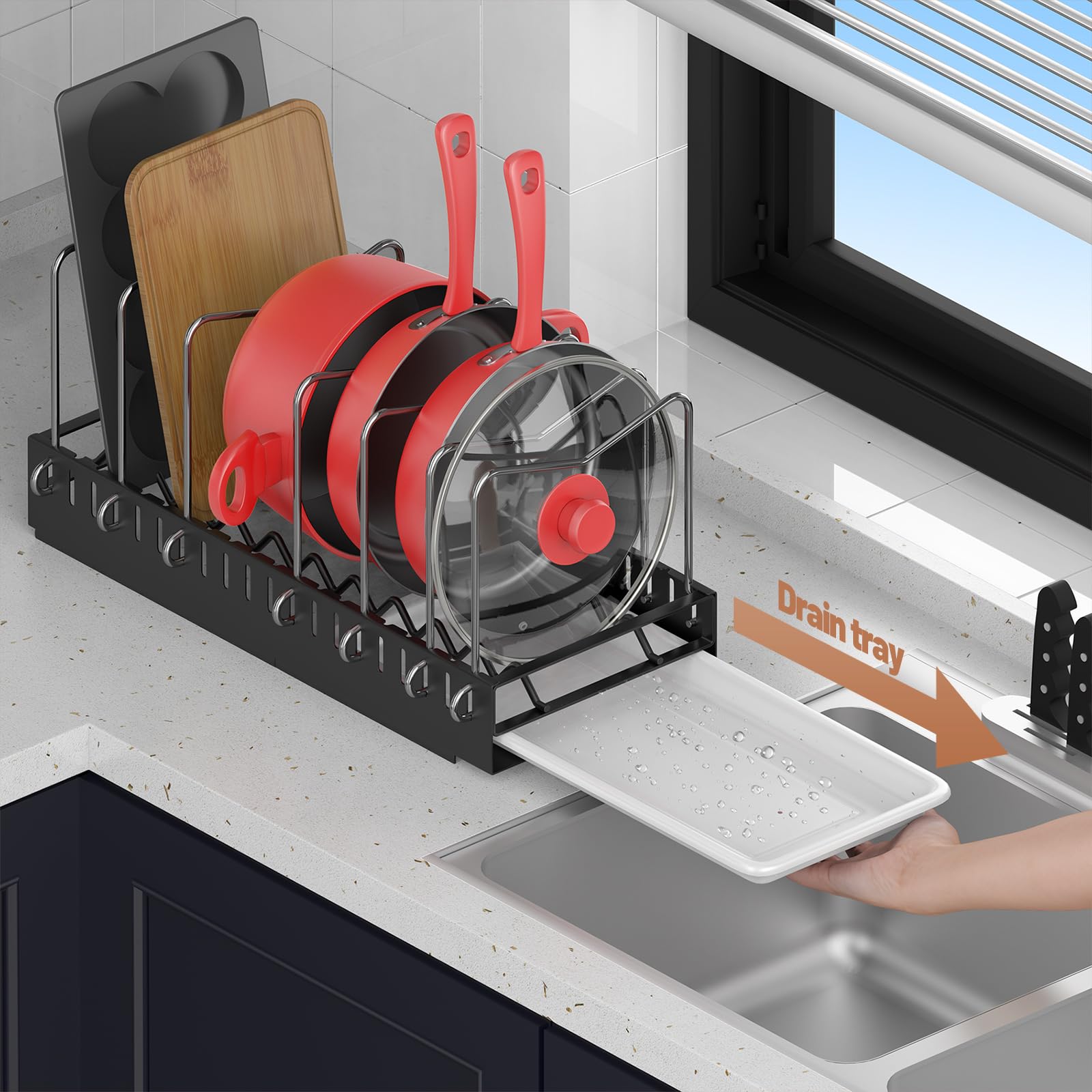 Pull Out Pots and Pans Organizer - Under Cabinet Slide Out Kitchen Storage for Pots, Pans & Lids - Space Saving Black Cabinet Organizer for Easy Access & Clutter-Free Cooking