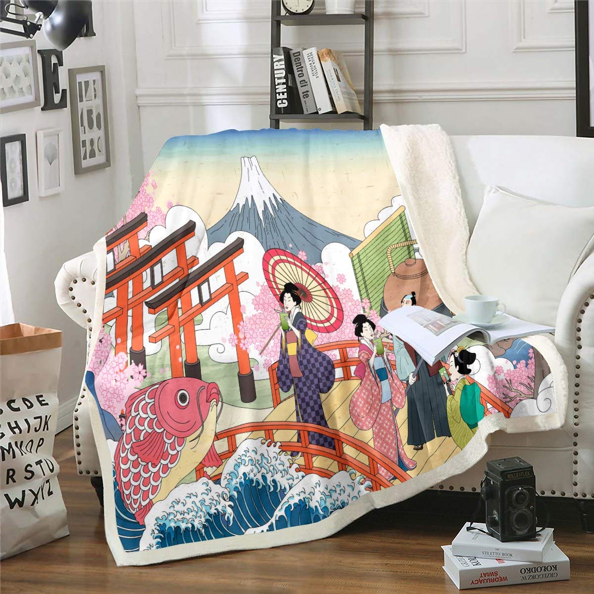 Japanese Ukiyoe Hokusai Pattern Fleece Throw Blanket 50