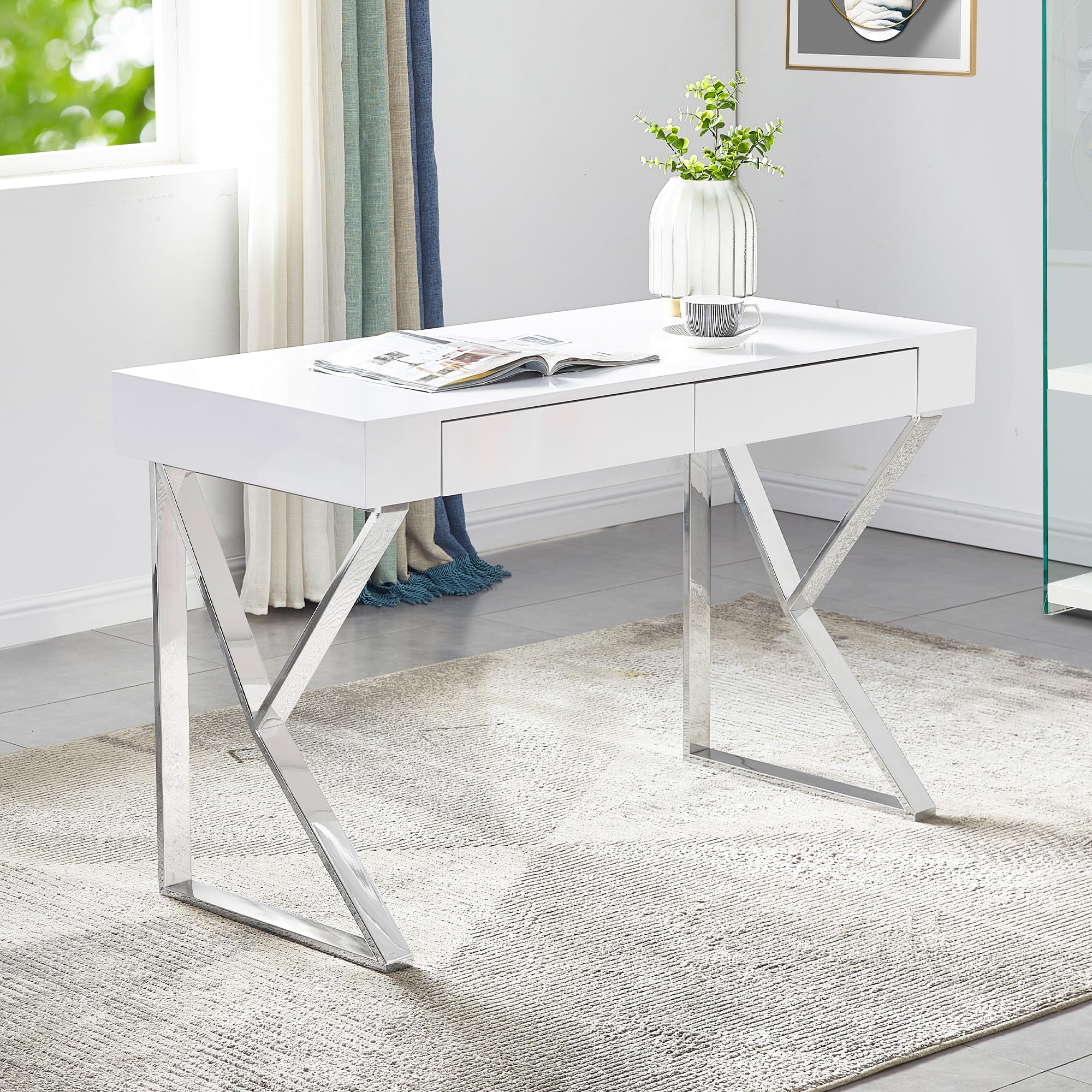 Best Modern Computer Desk BA233 - Silver Finish Home Office Desk for Work & Study | Ergonomic Design for Comfort & Productivity
