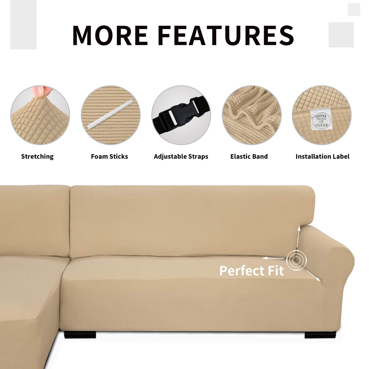 Stretchable L-Shaped Sofa Slipcover 2-Piece Set - Jacquard Fabric Sectional Couch Cover with Elastic Bottom for Living Room, Chaise Lounge - Pet & Kid Friendly (Small, Sand) - Perfect for Home Decor, Family Gatherings & Pet Protection