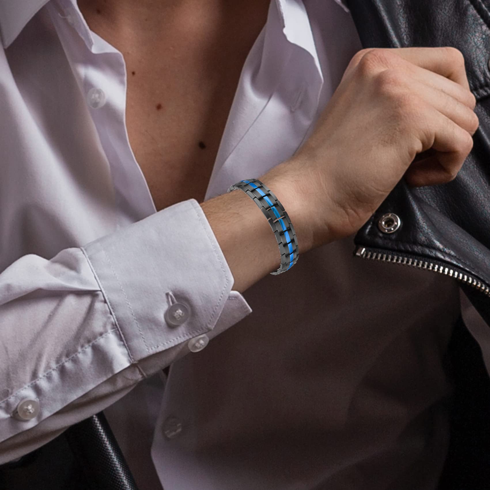 Feraco Magnetic Therapy Bracelets for Men - Titanium Steel Double Row Pain Relief Bracelet with 4 Strong Magnets & Adjustable Blue Line Design (Pack of 2) - Ideal for Arthritis, Joint Pain & Improved Circulation