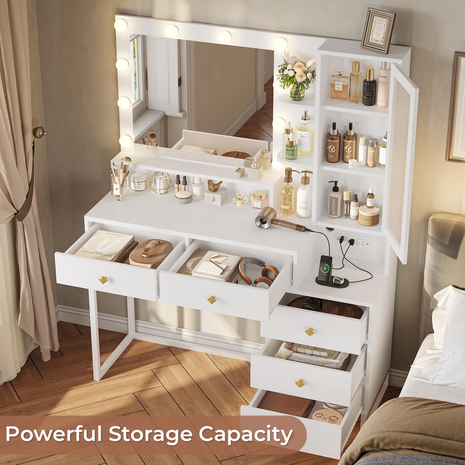 Tiptiper White Makeup Vanity Desk with LED Lights & USB Charging Station - Modern Dressing Table with 5 Drawers, Glass Door & 3 Shelves - Perfect for Bedroom Organization & Beauty Routine