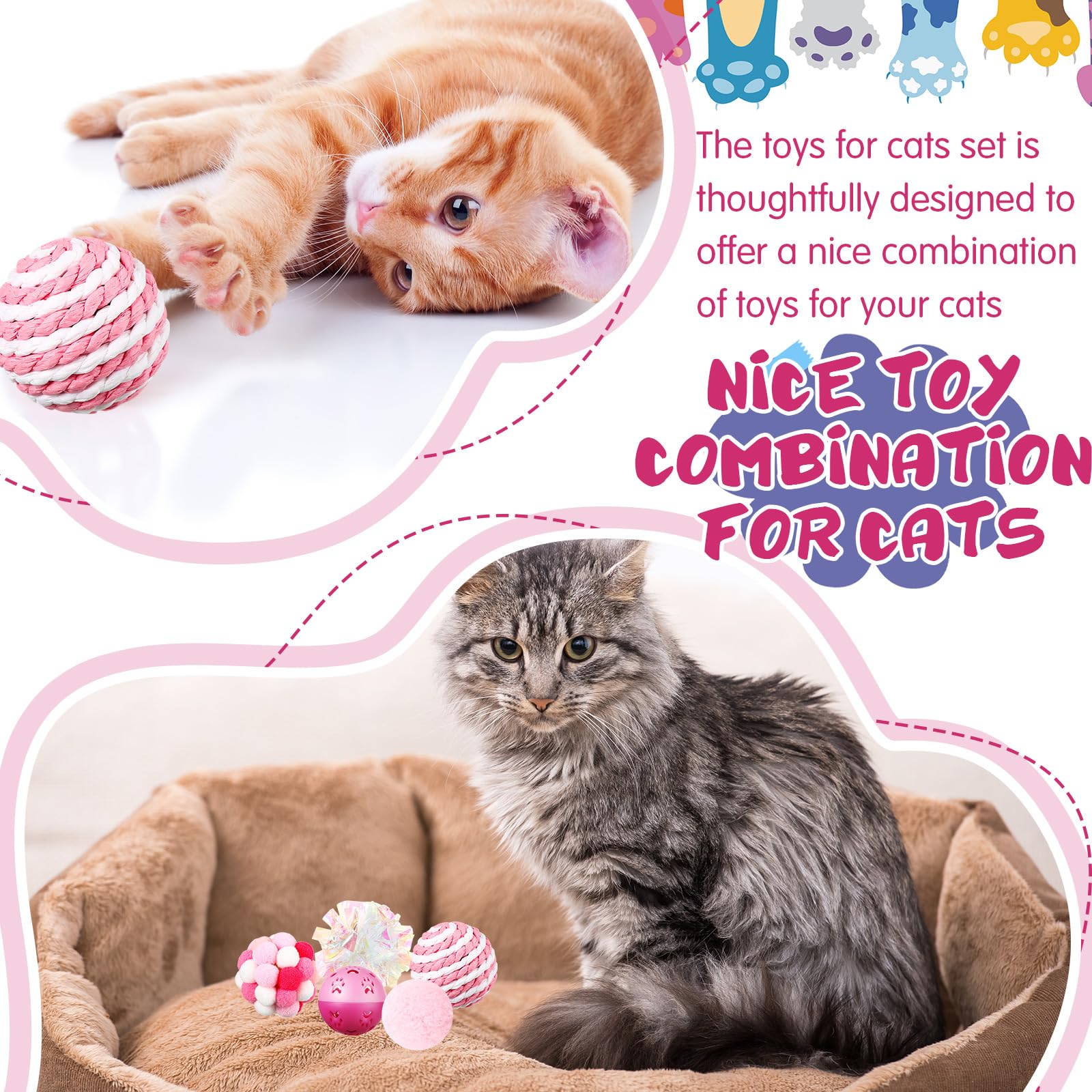 46 Pcs Cat Toys Set - Interactive Cute Cat Toys with Fur Mice, Rattle Springs, Crinkle Balls, Pompom Bells & Sisal Ball Puzzle - Perfect for Indoor Play, Kitten Training & Gift Giving (Pink)