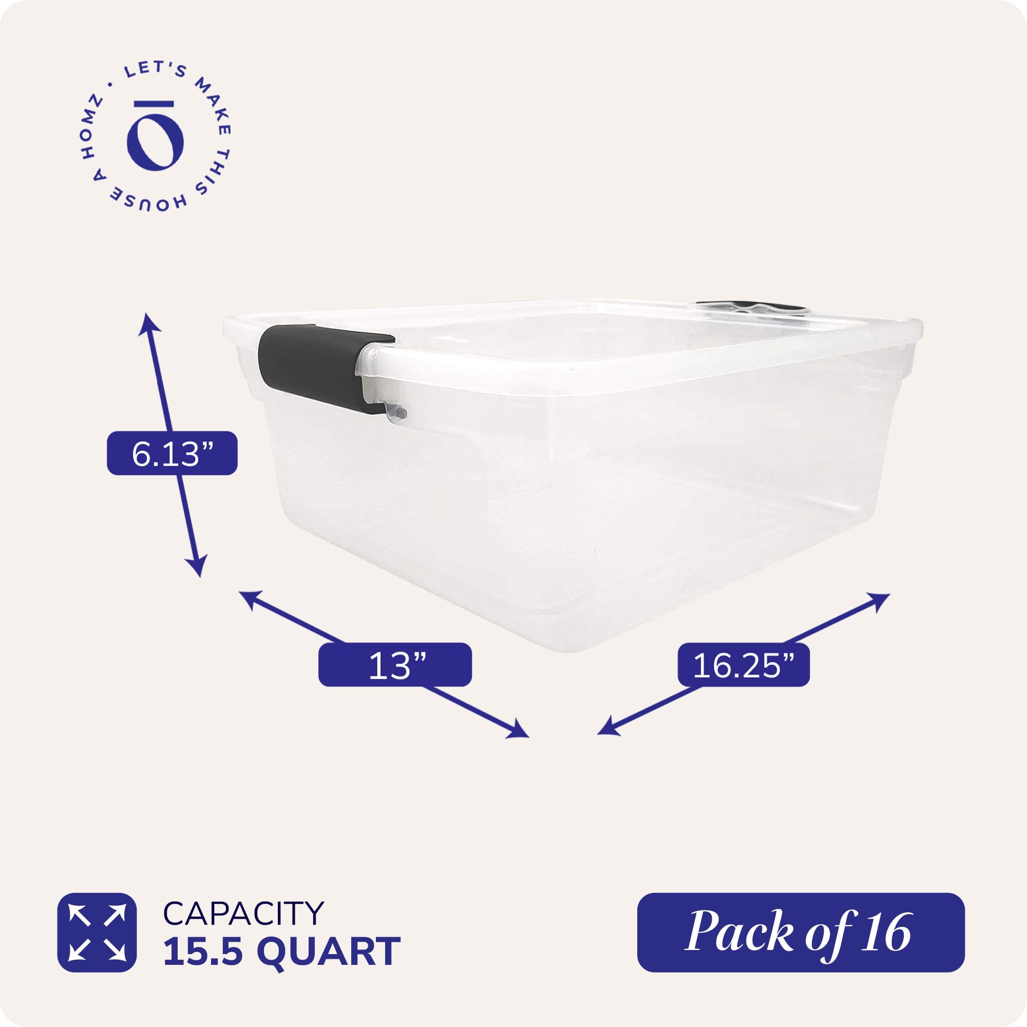 HOMZ 16-Pack Clear Plastic Storage Bins with Secure Latches - 15.5 Quart Organizer Containers for Home, Office & Closet Organization (Gray Latches) - Perfect for Toys, Crafts & Pantry Storage