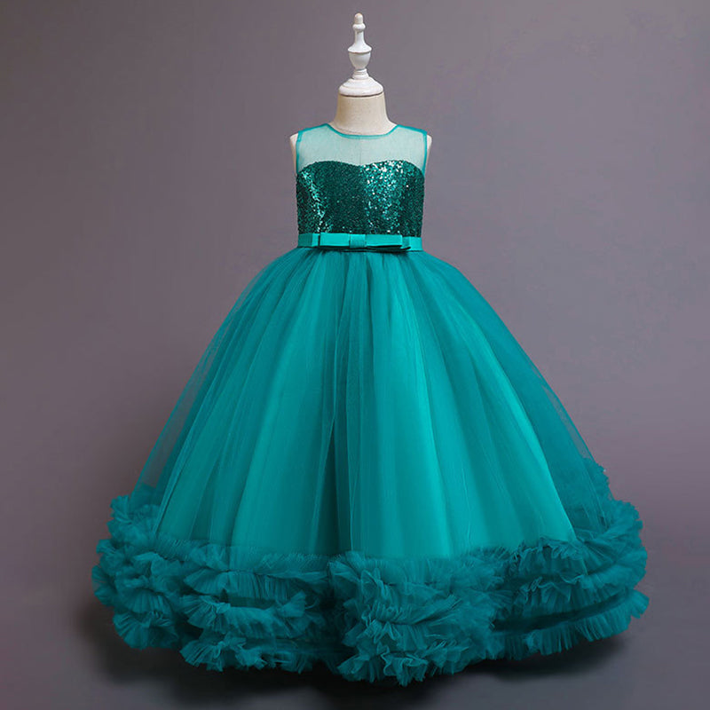 Elegant Floor Length Tulle Sequin Flower Girl Dress - Sleeveless A-Line Princess Gown for Weddings & Special Occasions