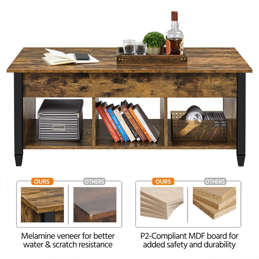 Yaheetech Rustic Lift Top Coffee Table with Hidden Storage & Shelf - 47.5