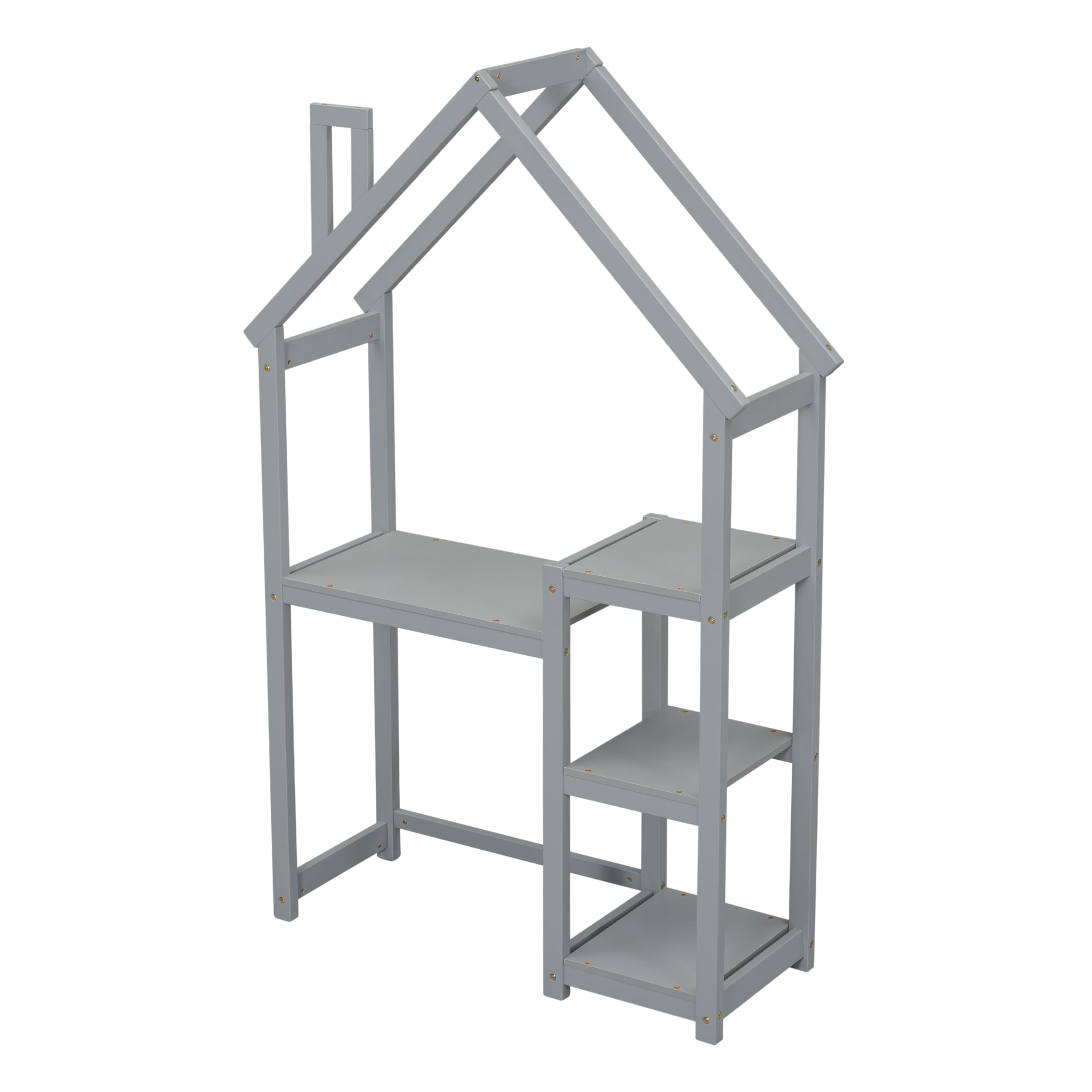 Kids Wooden House-Shaped Writing Desk - Multi-Functional Study Table with 3-Tier Storage Shelves, Open Bookshelf & Toy Organizer - Stylish Grey Roof Design for Bedroom, Playroom or Homeschooling