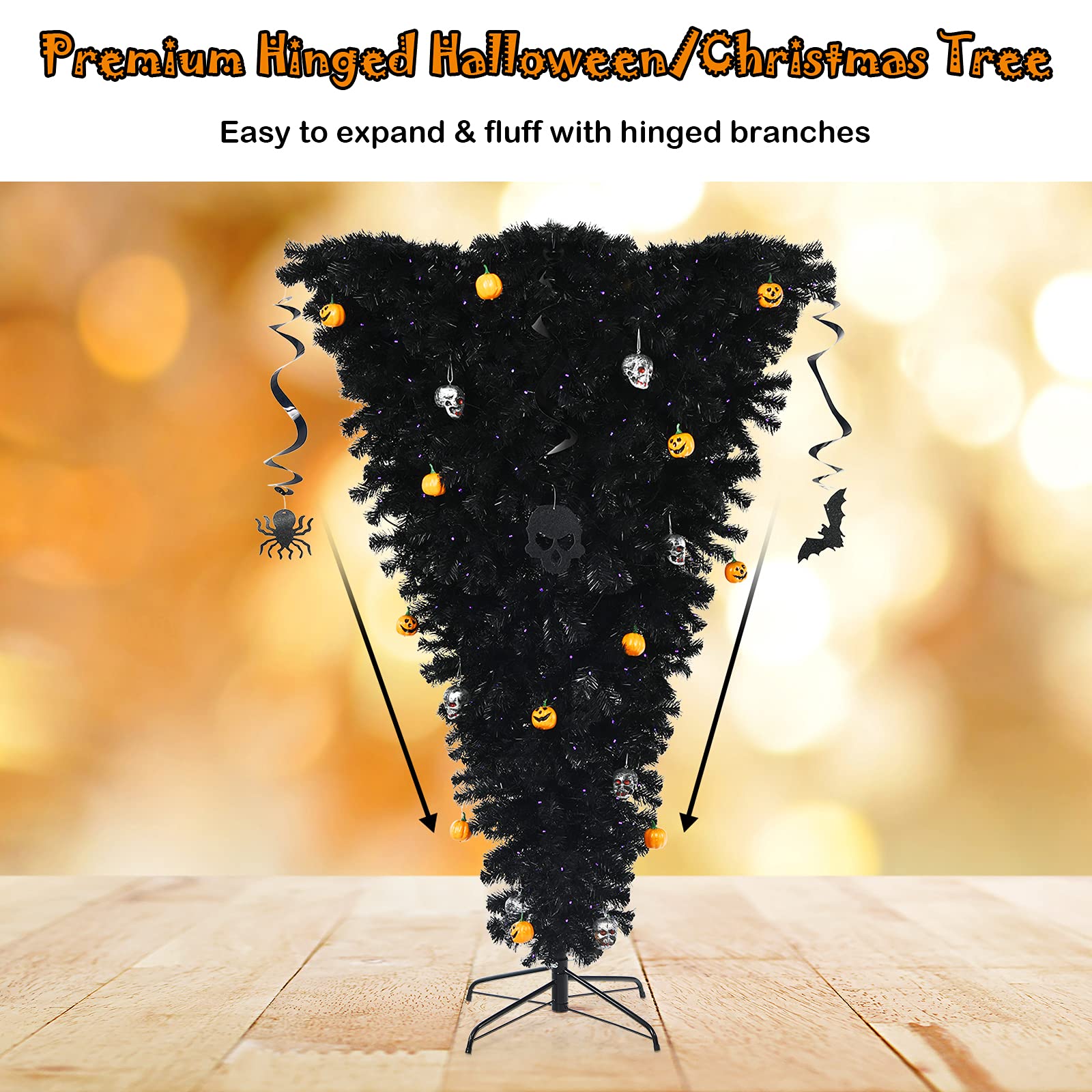 Goplus 6ft Pre-lit Upside Down Christmas Tree with 270 Purple LED Lights - Artificial Black Halloween Tree with Hinged Branches & Decorations - Unique Inverted Xmas Pine Tree for Holiday, Carnival, Party, Home & Office Decor