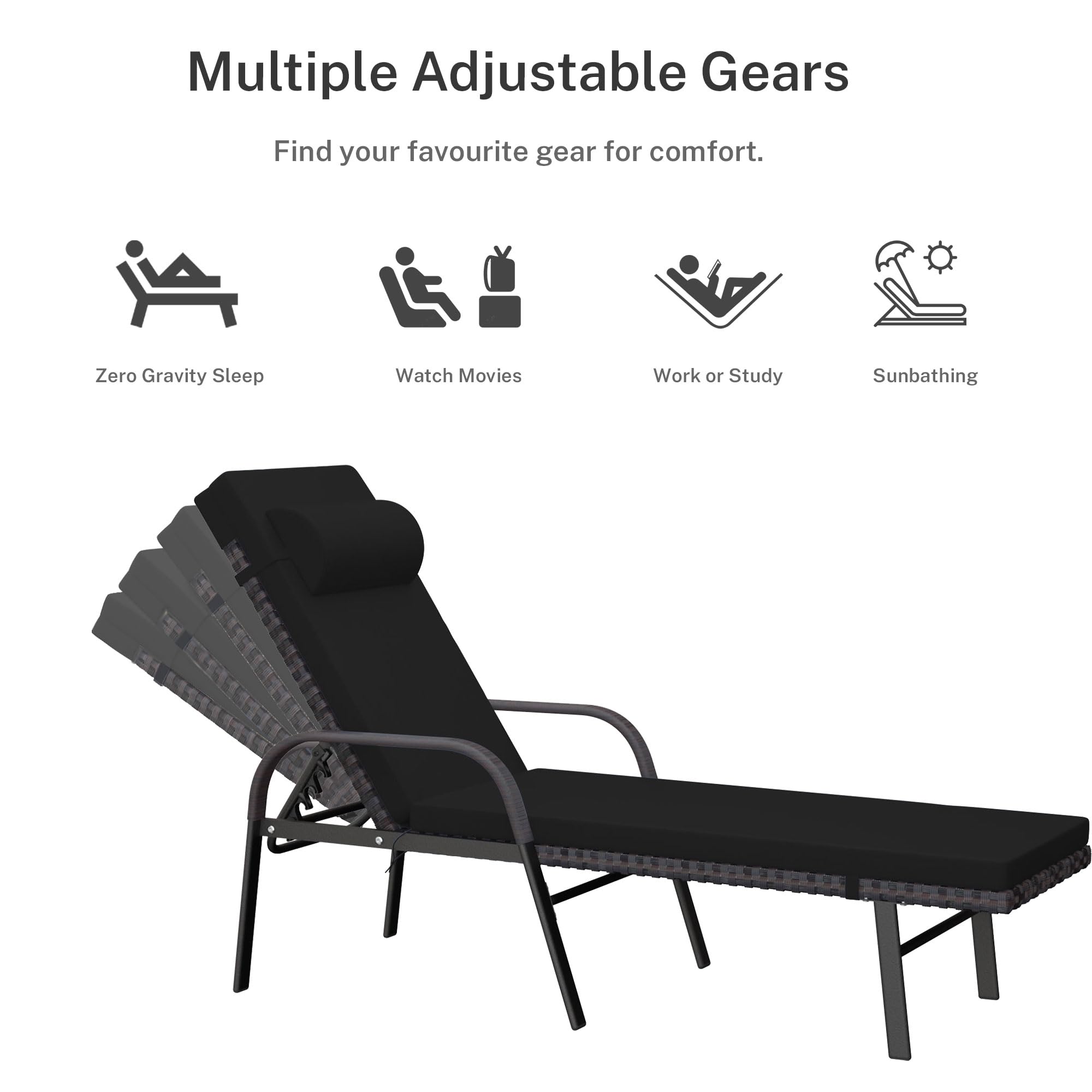 3-Piece Patio Chaise Lounge Set with Cushions - Adjustable Rattan Backrest Folding Pool Chairs & Side Table - Outdoor Furniture for Poolside, Porch, Deck, Garden Relaxation (Black)