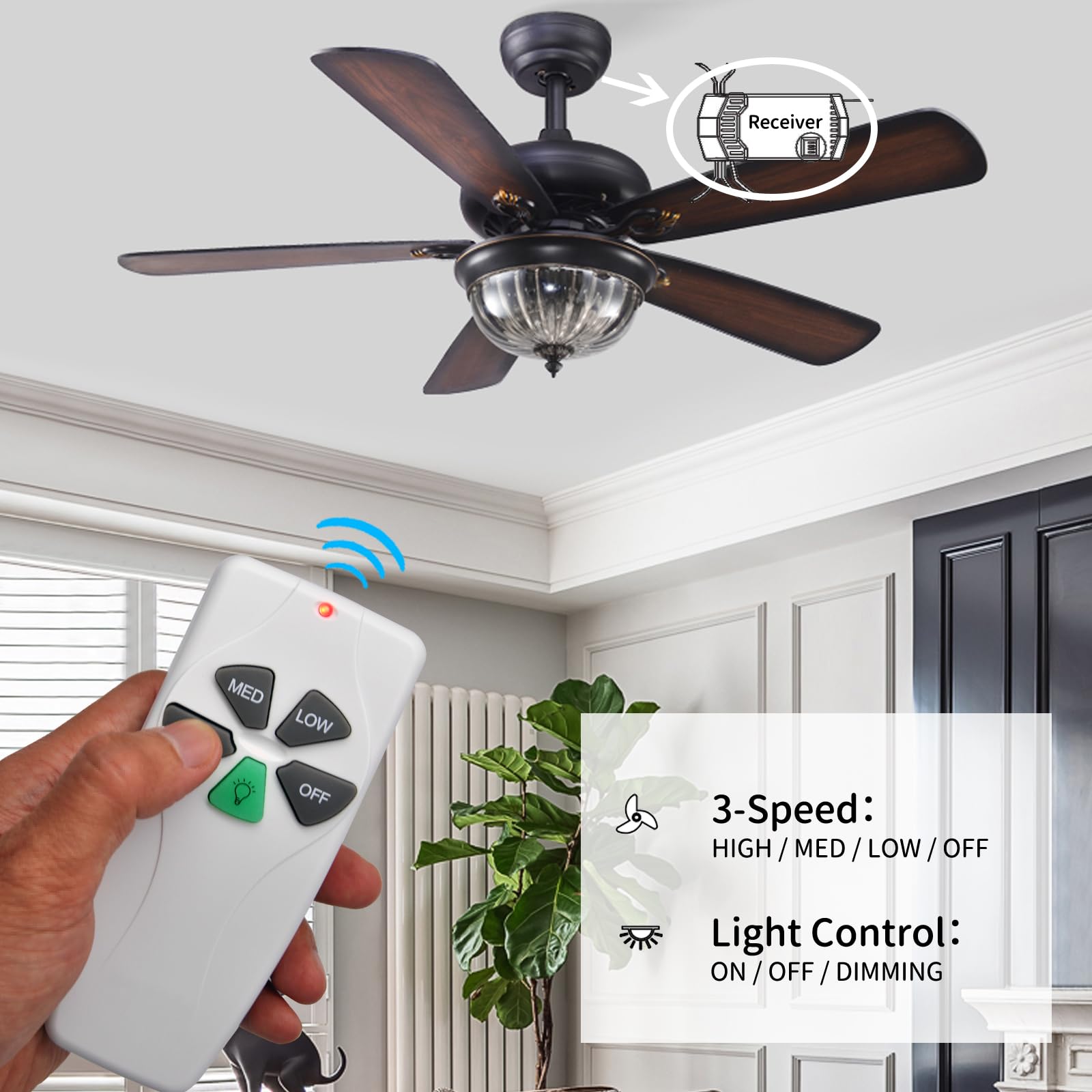 Universal Ceiling Fan Remote Control Kit - Replacement for Harbor Breeze, Hampton Bay & Hunter Fans - Includes FAN28R Receiver & FAN-53T Remote with Light Dimmer & 3-Speed Settings - 120V AC Compatible - Perfect for Bedroom, Living Room & Outdoor Patio Ceiling Fans