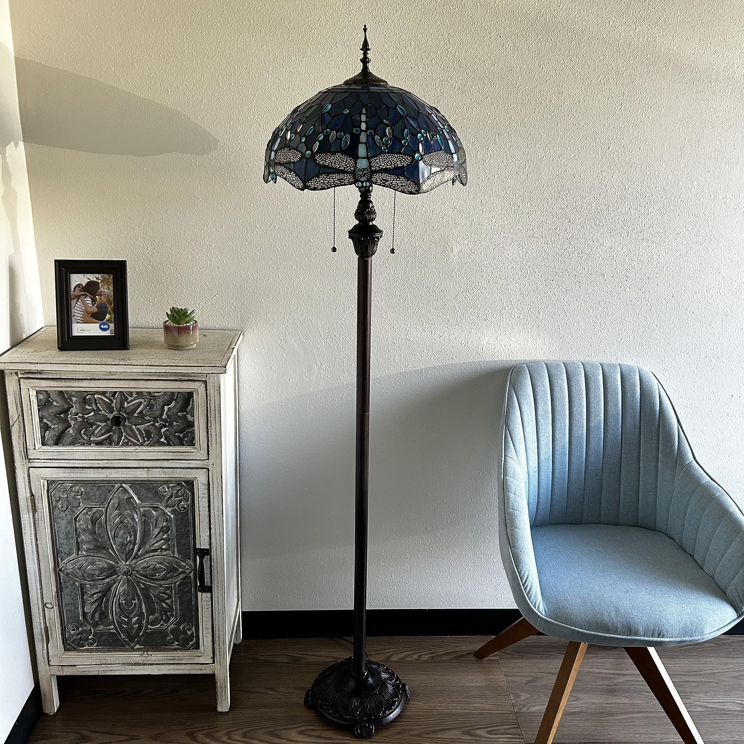 Tiffany Blue Stained Glass Dragonfly Floor Lamp with Metal Base & LED Bulbs - 16
