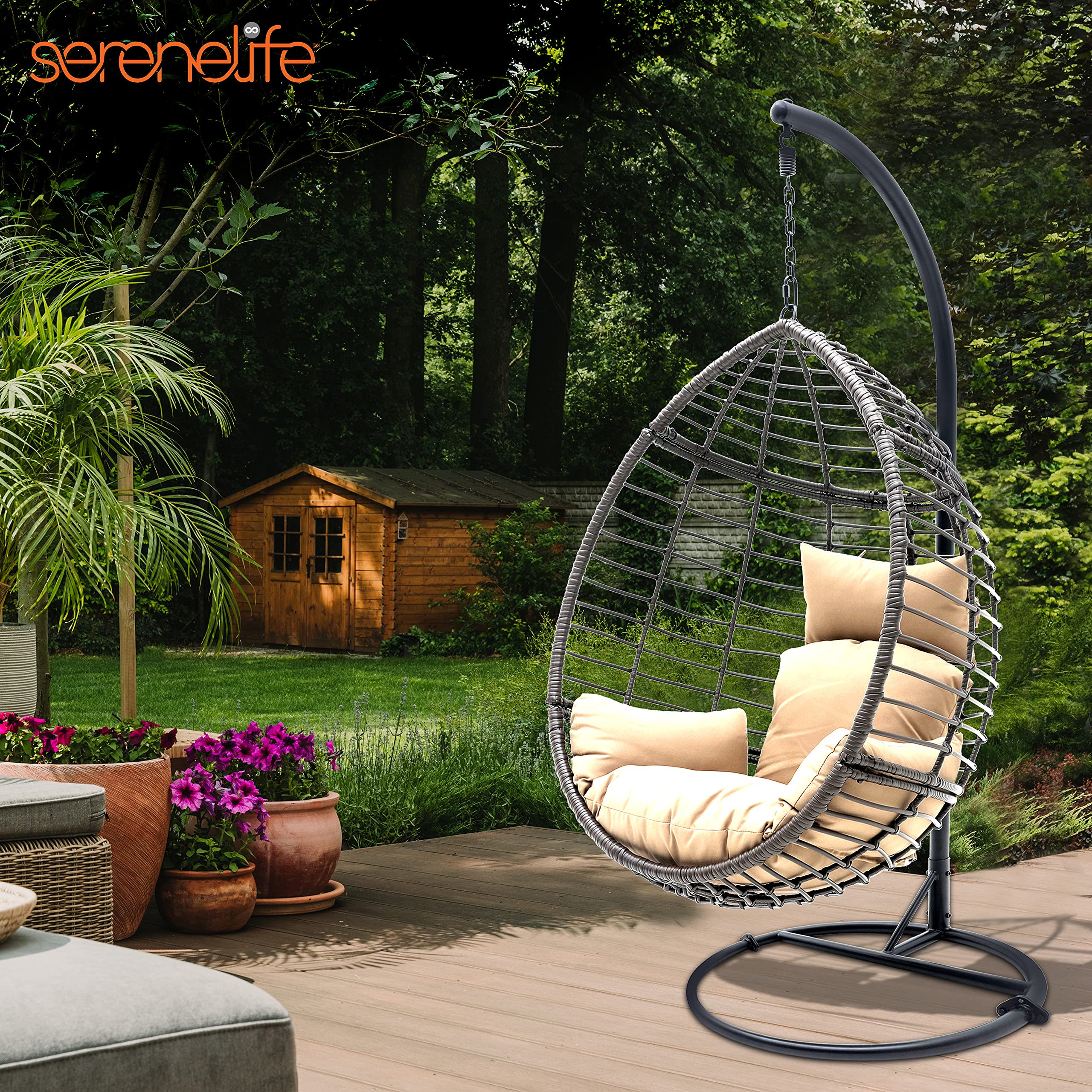 SereneLife Hanging Egg Chair with Stand - Indoor Outdoor Wicker Rattan Lounge Chair, Steel Frame & UV Resistant Washable Cushions - Perfect for Garden, Backyard, Deck, Sunroom, Patio (Black & Brown)