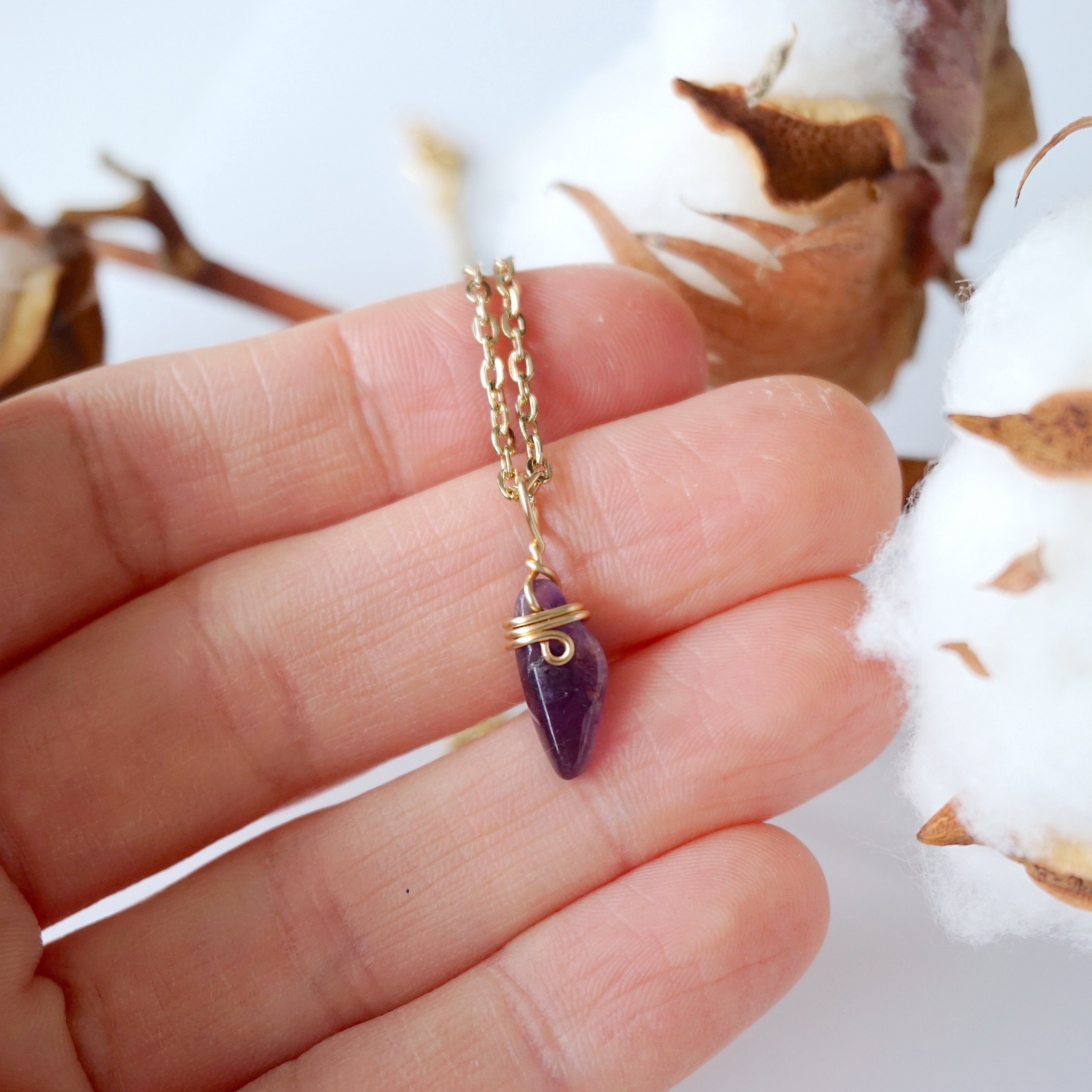 Amethyst Necklace - Gold Plated Brass Wrapped Charm Pendant Jewelry for Women - Perfect for Gifts, Meditation & Spiritual Healing