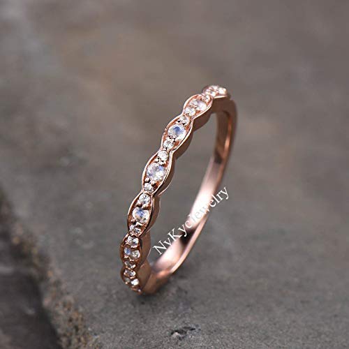 Natural Rainbow Moonstone Ring - Handmade Sterling Silver & Rose Gold Half Eternity Wedding Band | Anniversary Gift for Her | Perfect for Bridal Jewelry, Boho Fashion & Special Occasions