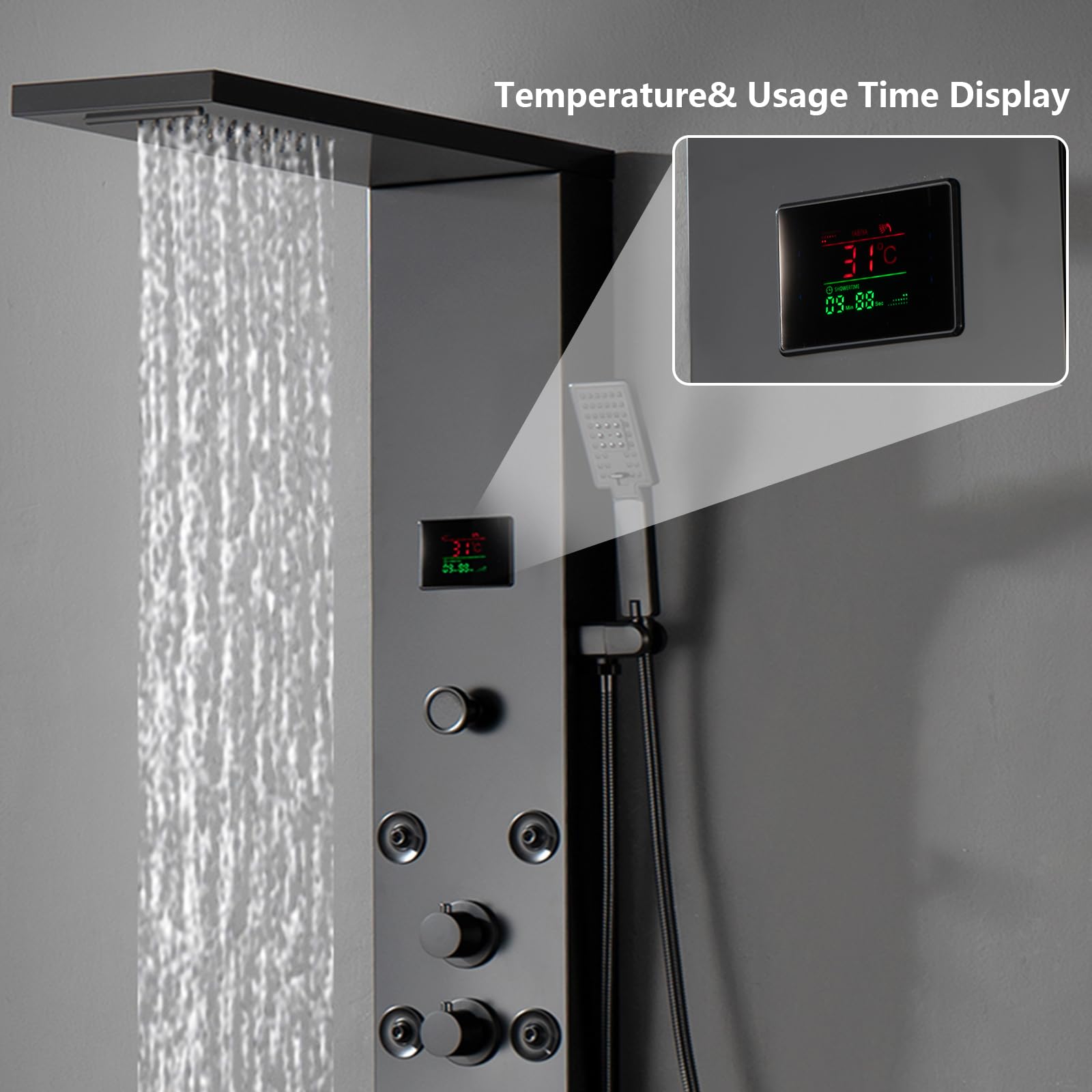 Black LED Shower Panel with Temperature Display - 304 Stainless Steel Shower Tower System, Rainfall Shower Head & Handheld Massage Jets for Modern Bathroom | Perfect for Spa-Like Experience, Wall Mount Waterfall Design for Bathtub or Standing Shower