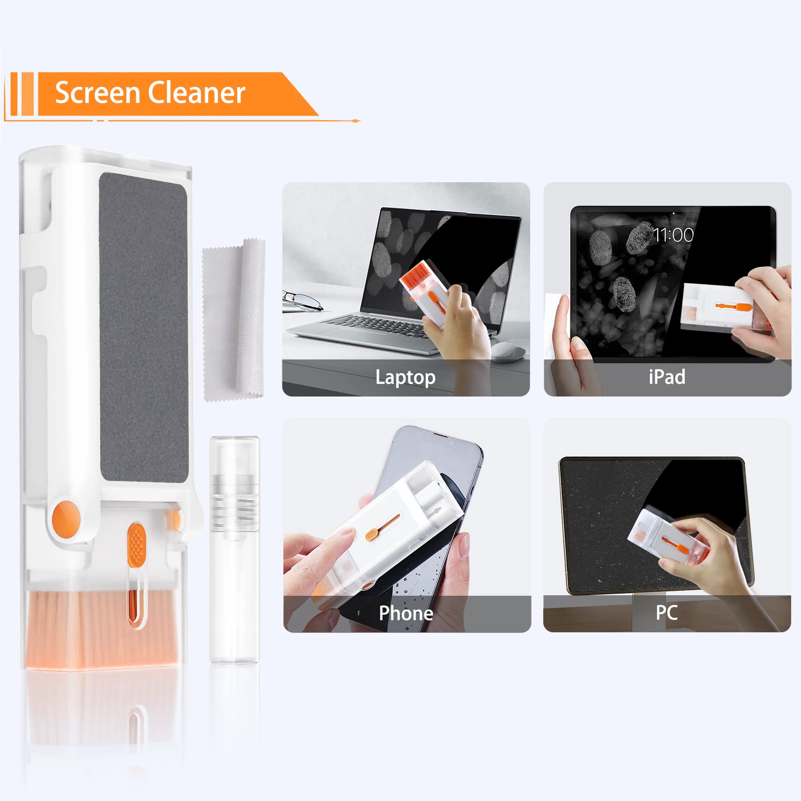 JiaTeums Keyboard Cleaner Kit with Microfiber Cloth & 5ml Mist Spray, Includes Cell Phone Stand - Ideal for Cleaning Laptops, MacBooks, iPhones, AirPods Pro, iPads, Headphones (Orange) - Perfect for Home, Office, and Travel Use