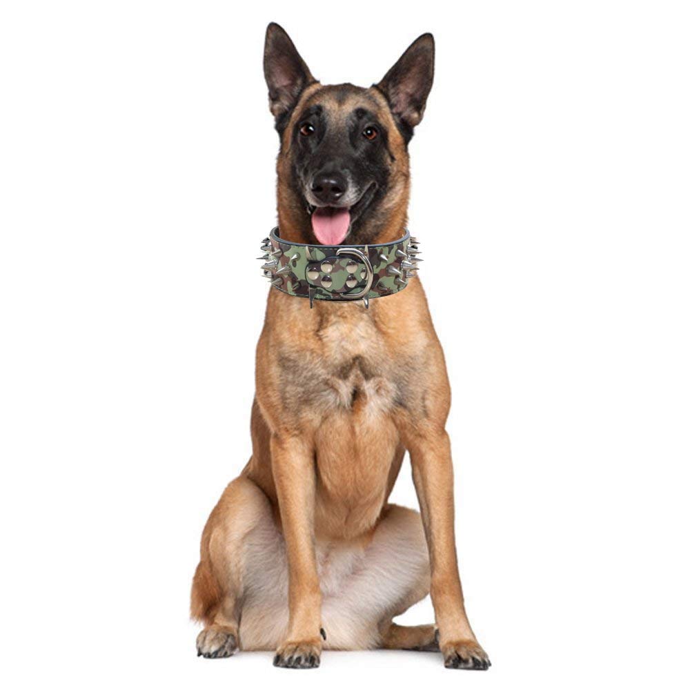 2 Inch Wide Sharp Spiked Studded Leather Dog Collar for Medium & Large Dogs - Pitbull, Labrador, Boxer, Rottweiler, German Shepherd (17-20 inch, Camouflage) | Durable & Stylish for Training, Protection & Outdoor Adventures