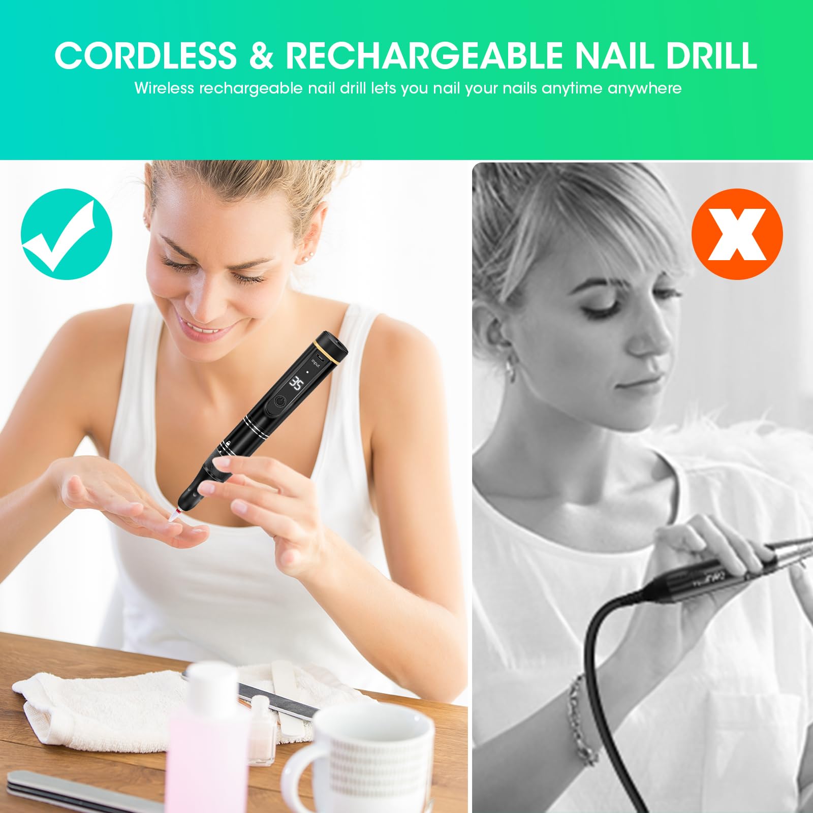 Professional Cordless Nail Drill Kit - 35000 RPM Rechargeable Electric Nail File for Acrylic & Gel Nails | Wireless Manicure Pedicure Tool with Polishing & Remover Attachments | Perfect for Salon, Home Use & DIY Nail Art