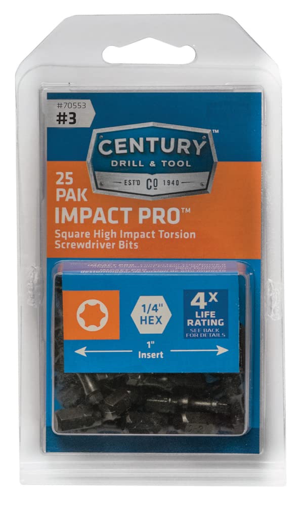 Century Drill & Tool 70553 25-Pack #3 Square Impact Screwdriver Bits (1-Inch) - Perfect for Automotive Repairs & Heavy-Duty Construction Projects