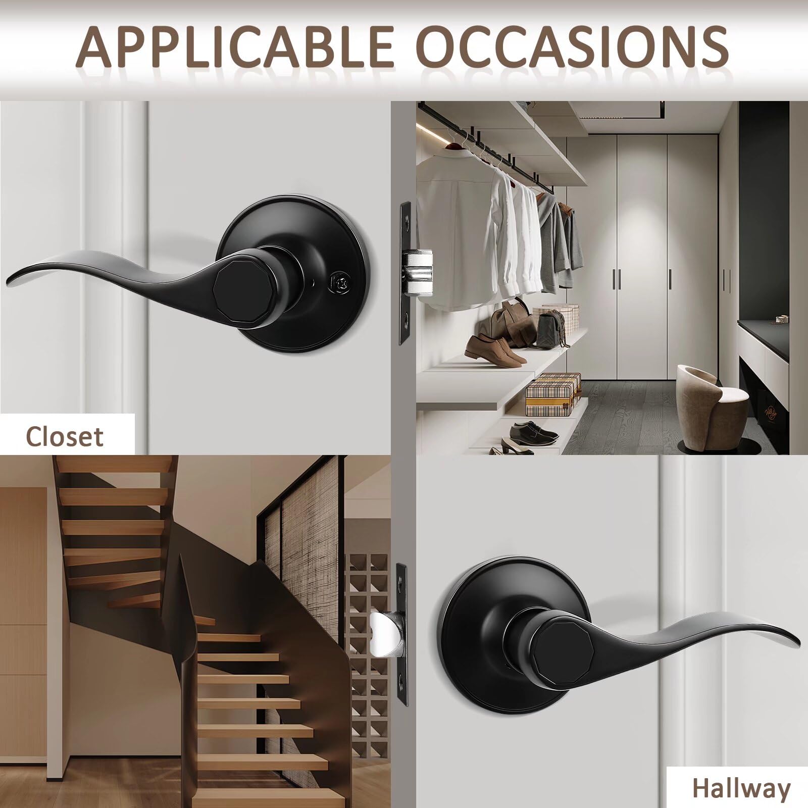 1 Pack Black Keyless Wave Levers Handles - Interior Passage Door Locksets for Hall Closet & Bedroom Doors - Reversible Right & Left Handed - Easy DIY Installation for Home & Office Use