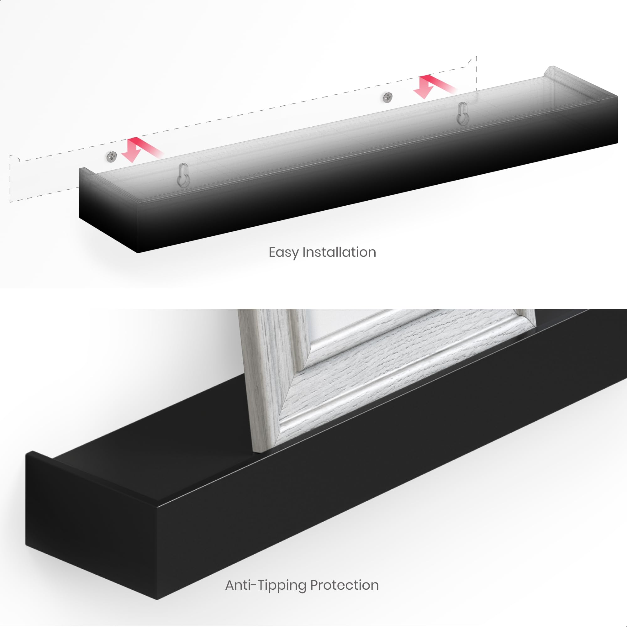 Ballucci Modern Ledge Wall Shelves - Set of 4 Wood Floating Shelves for Home Decor, Bedroom, Bathroom, Living Room, Kitchen & Nursery - Black - Perfect for Displaying Photos, Books & Decorative Items