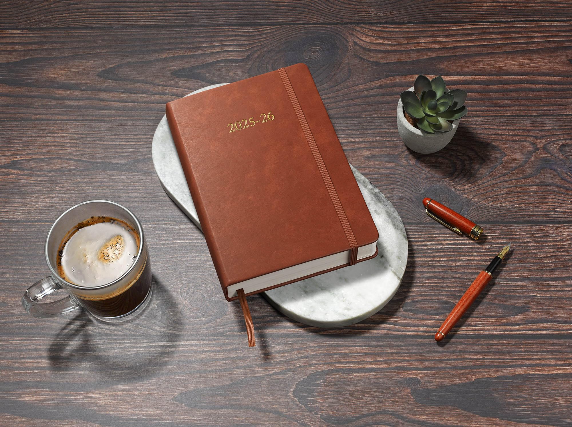 Wykeham's Executive 2025-26 Daily Planner & Academic Diary - Customizable Leather Journal (Brown, 8.5