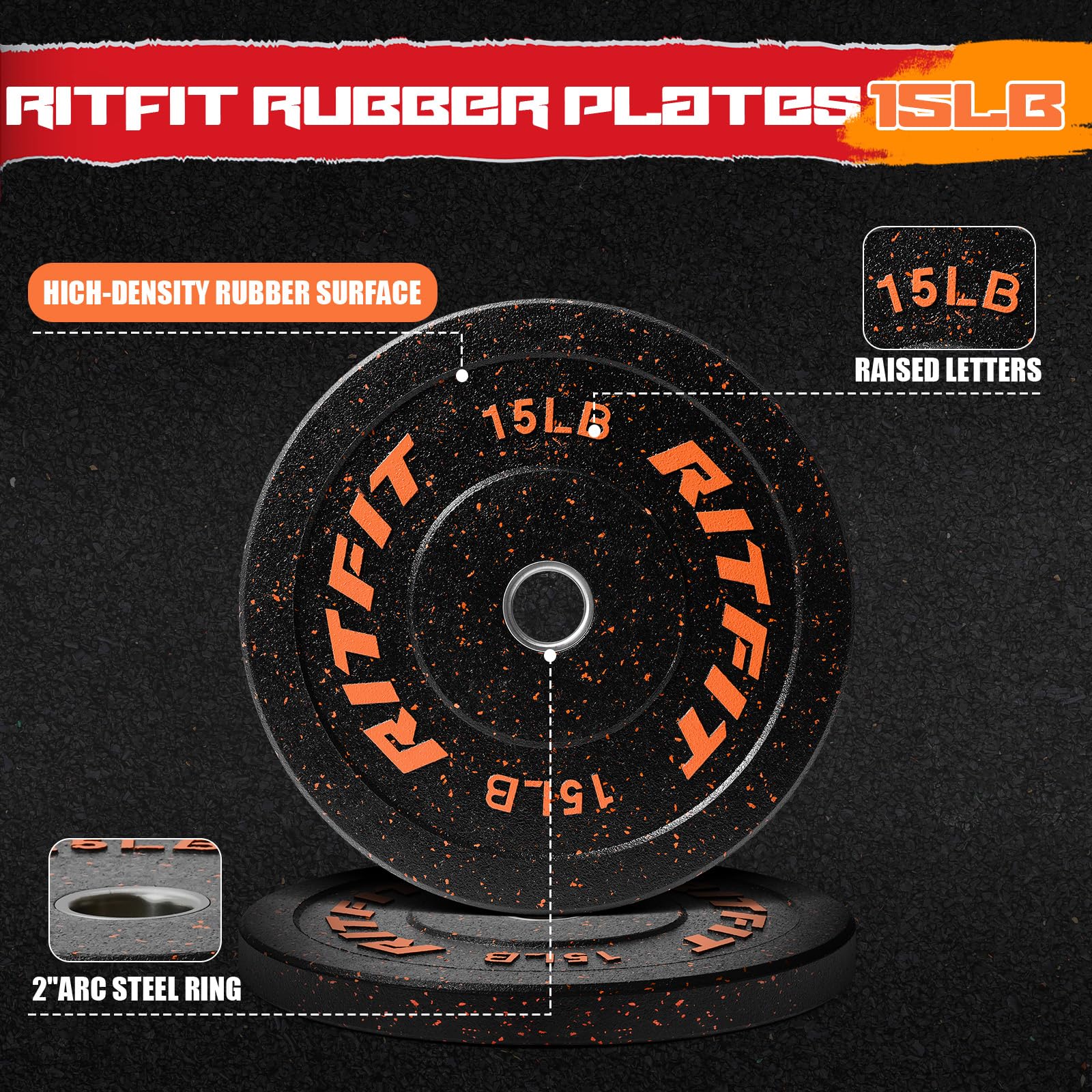 RitFit Bumper Plates - Colored Fleck-Rubber Olympic Weight Plates with Steel Insert (2-inch) for Weightlifting, CrossFit & Strength Training - Perfect for Home Gym, Commercial Gym & Functional Fitness (Single, Pair & Set Options)