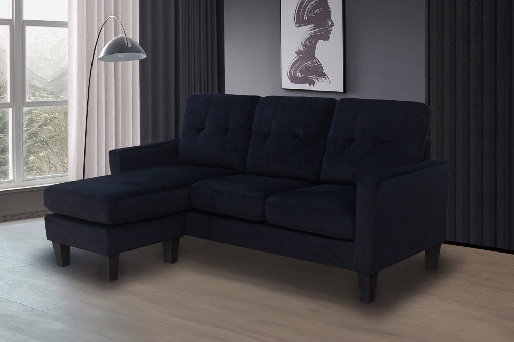 Black Velvet Reversible Sectional Sofa - Pet & Kid Friendly Modular Couch for Small Spaces | Perfect for Apartments, Condos & Living Rooms
