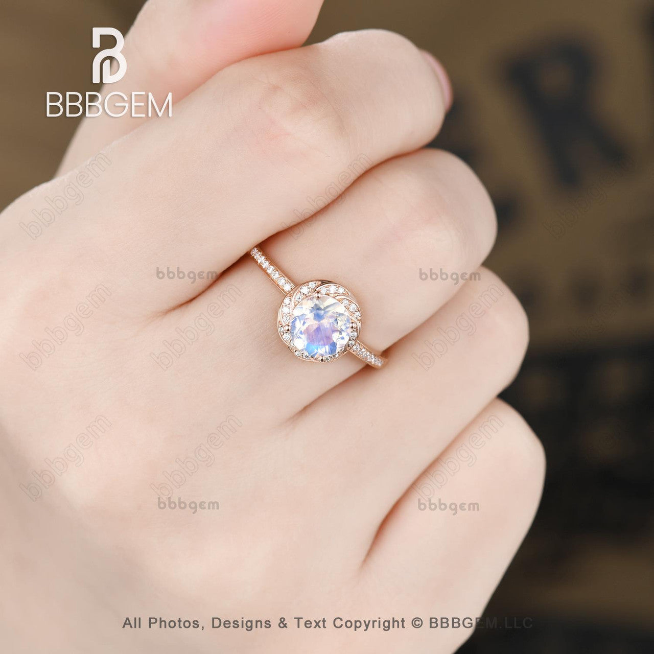 Rose Gold Natural Rainbow Moonstone Engagement Ring with Halo Diamonds - Elegant Wedding Band for Women, Perfect for Proposals, Anniversaries & Bridal Jewelry