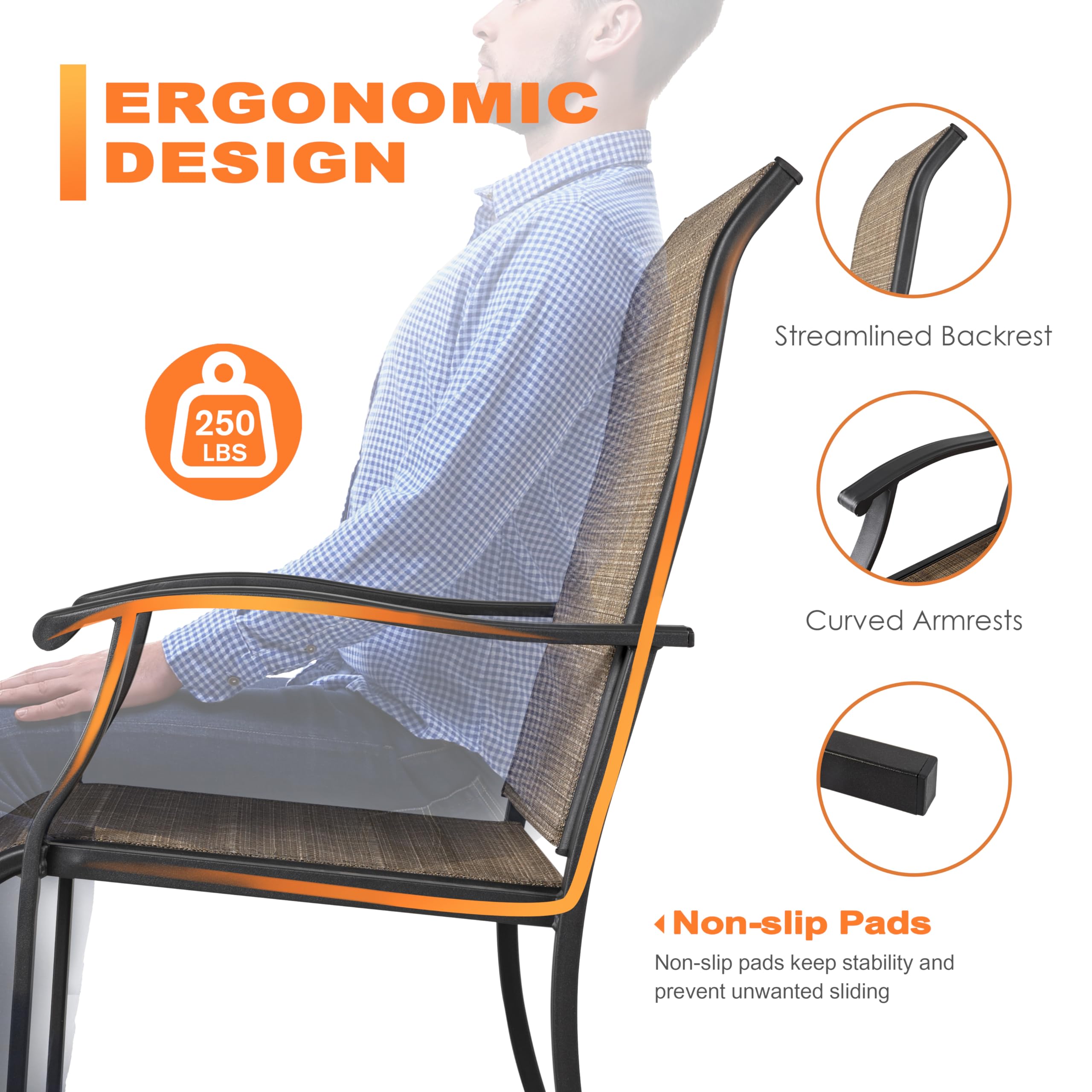 NUU GARDEN Patio Dining Chairs Set of 2 - Indoor/Outdoor Textilene High Back Chairs with Armrests & Iron Frame (Black & Brown) - Perfect for Backyard, Garden, Poolside & Restaurant Outdoor Seating