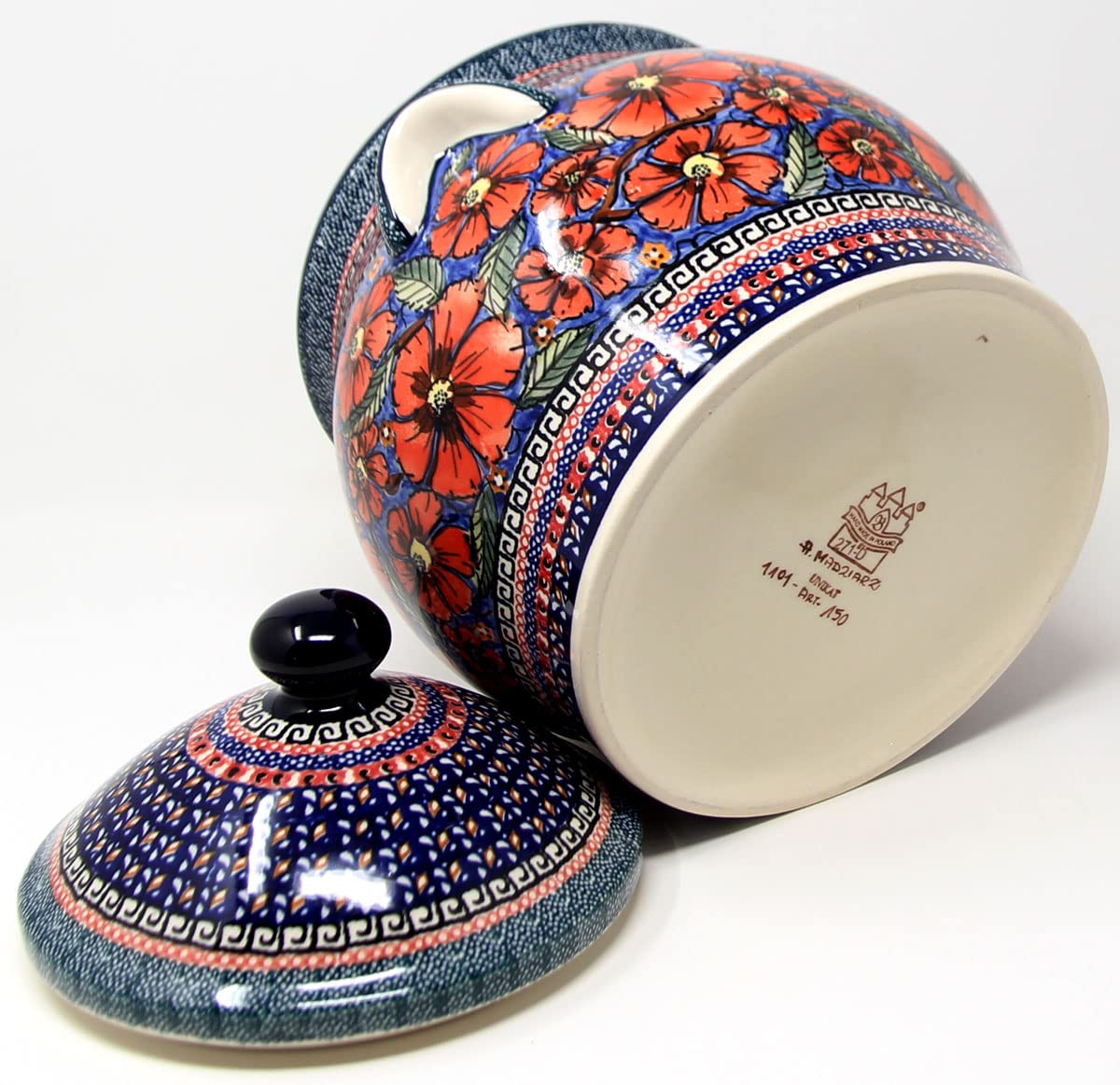 Extra Large 6 Quart Polish Pottery Cookie Jar & Canister - Hand-Painted Poppies Unikat Pattern by Lidia Kulka | Authentic Zaklady Ceramics | Perfect for Kitchen Storage & Home Decor